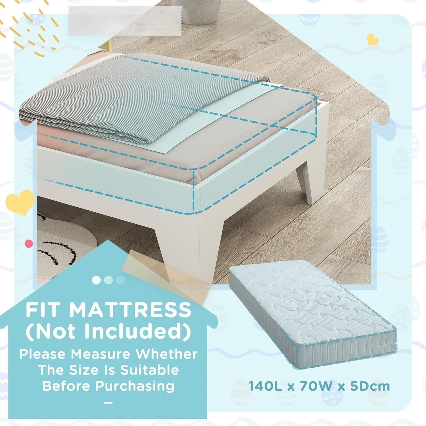 AIYAPLAY single bed for kids with a mattress fit guide showcasing dimensions and style