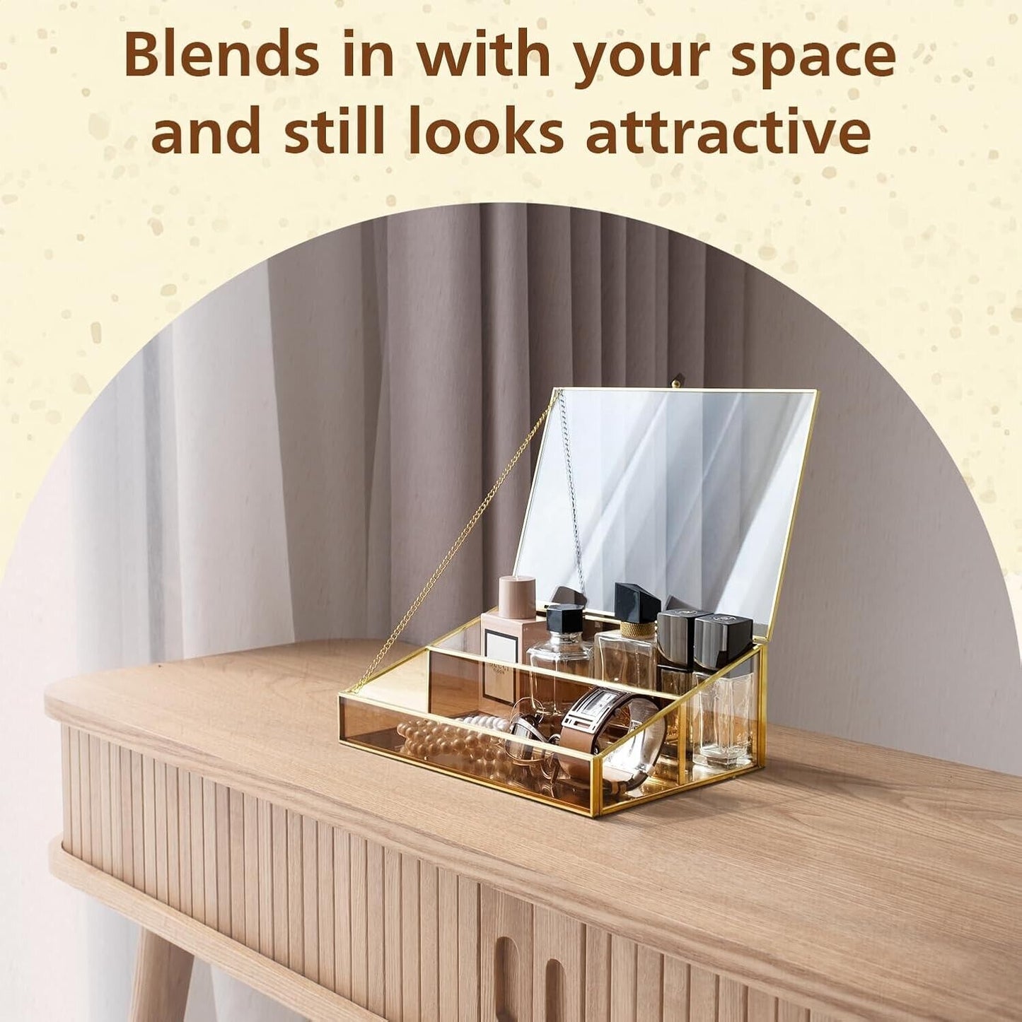 Amber glass display storage box with a chic design for organising cosmetics and accessories on a wooden table