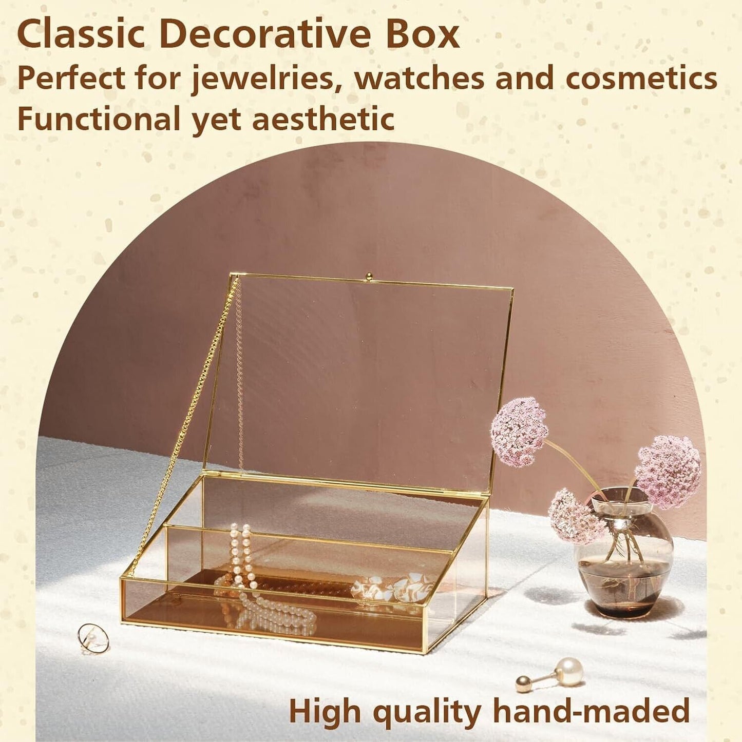 Amber glass display storage box for jewellery, watches, and cosmetics in a stylish setting