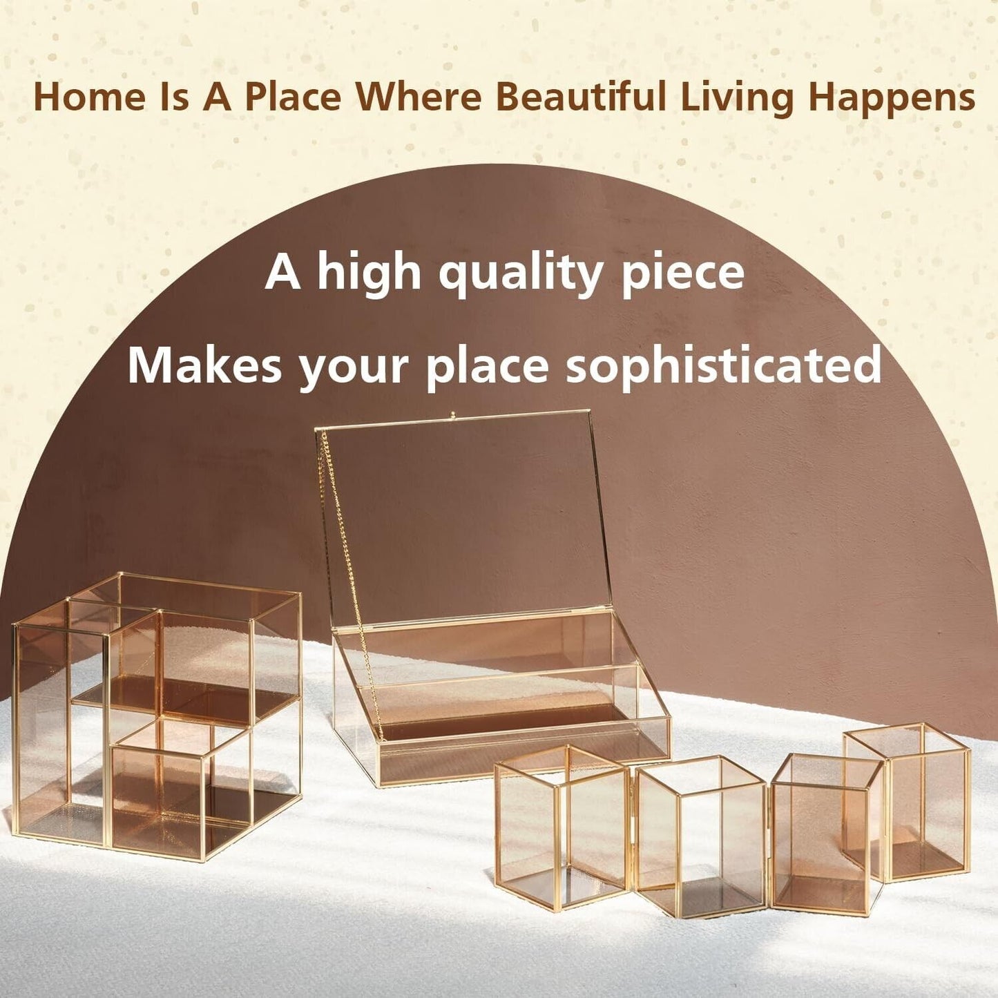 Stylish amber glass display storage box with gold accents for sophisticated home decor