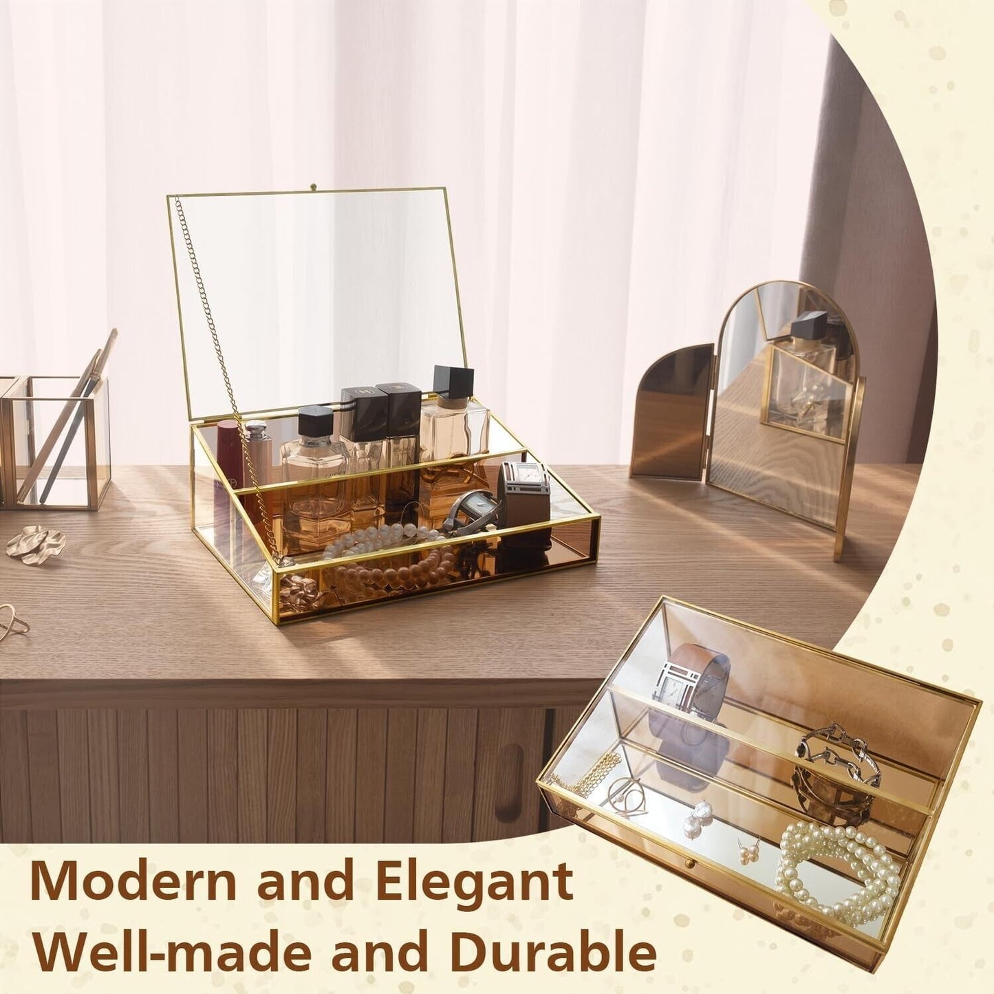Amber glass display storage box for elegant storage of jewellery and accessories on a stylish wooden table