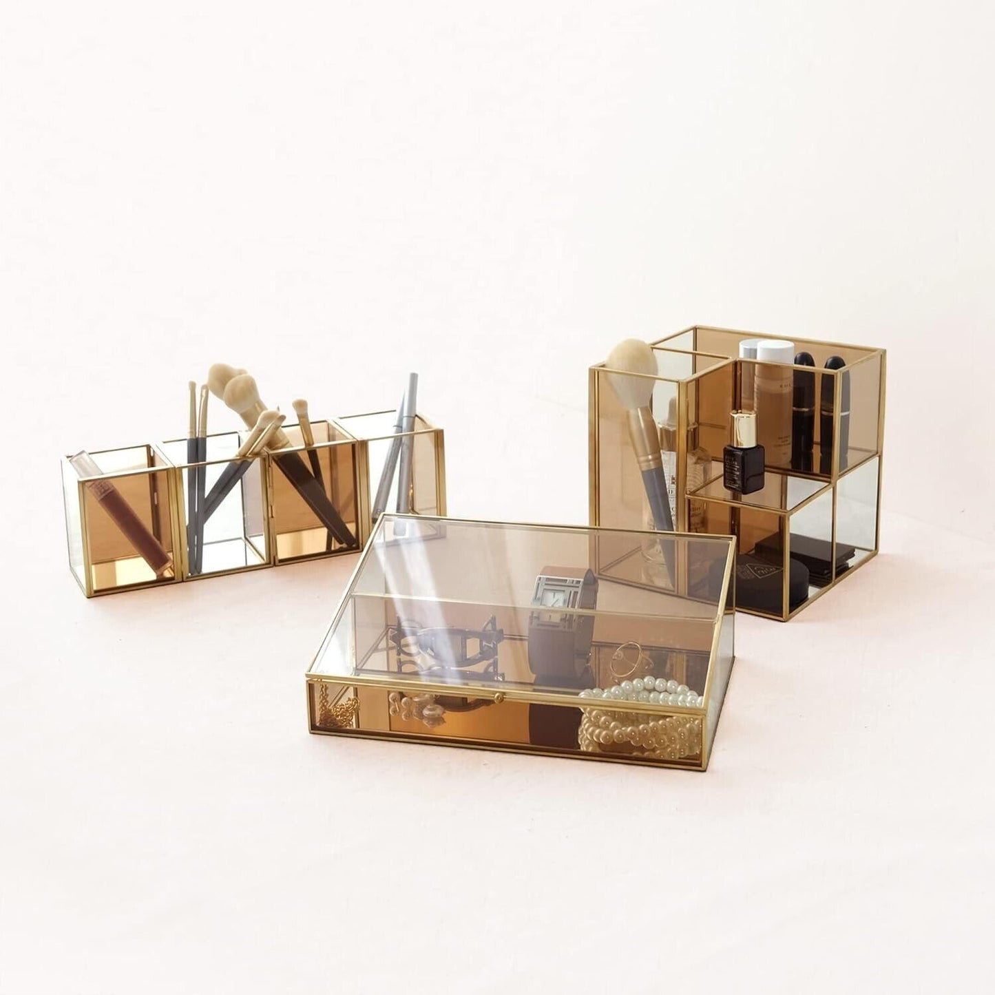 Amber glass display storage box set for stylish organisation of cosmetics and accessories