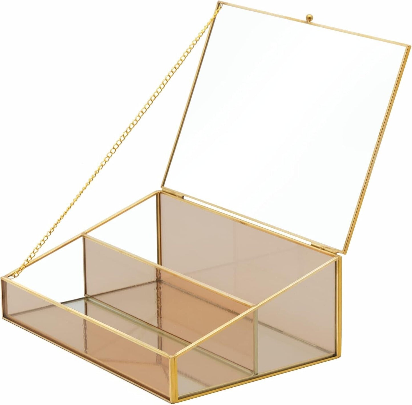 Amber glass display storage box with a hinged lid and gold accents for elegant organisation