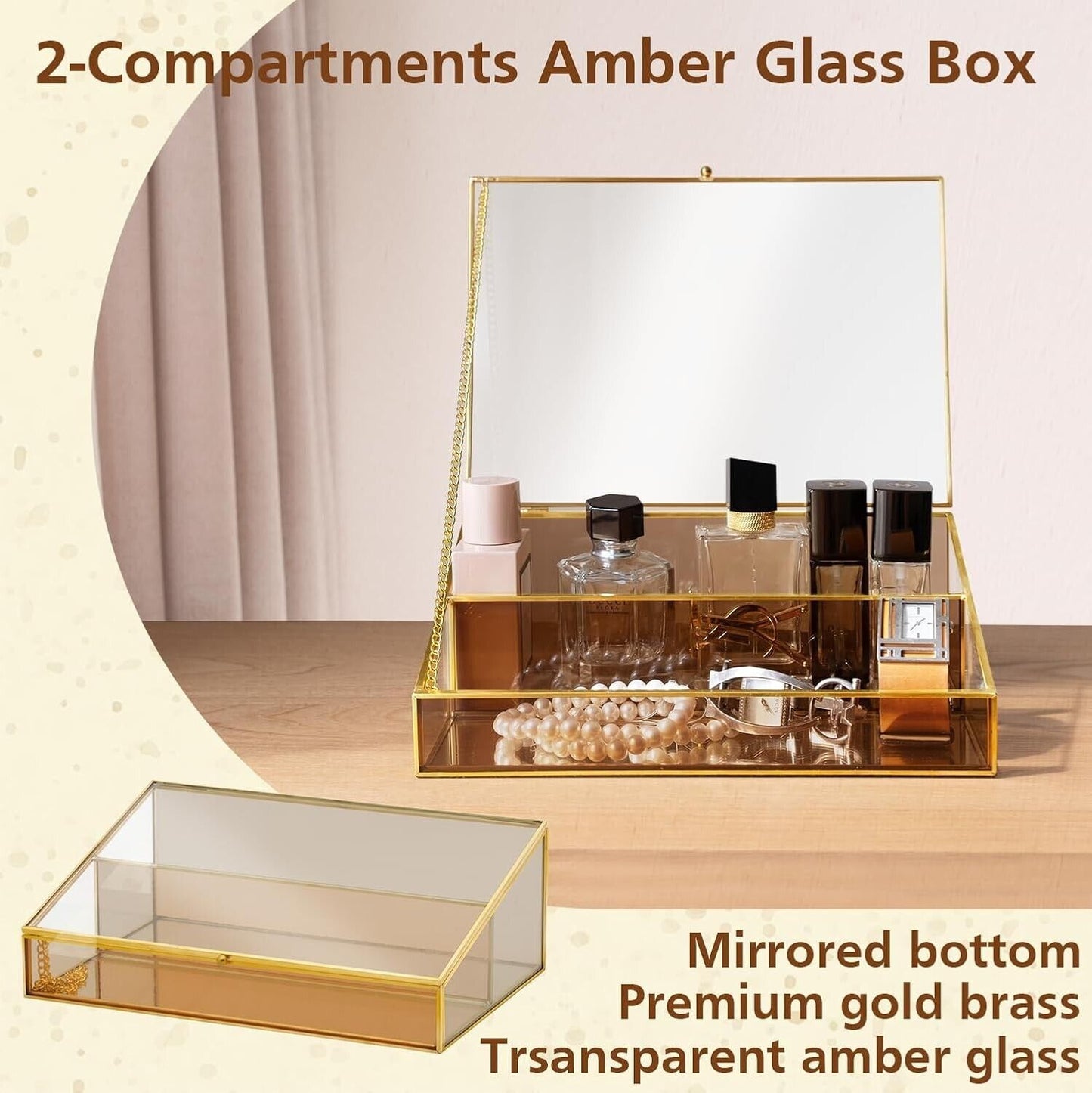 2-Compartment amber glass display storage box with a mirrored bottom and premium gold brass trim