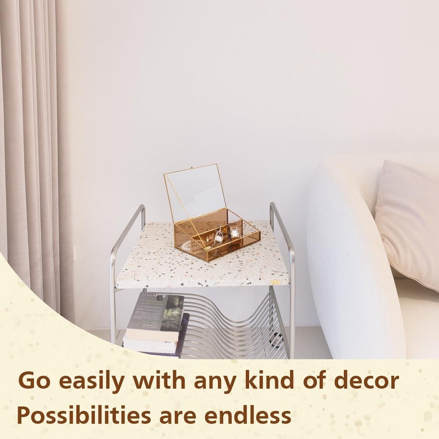 Amber glass display storage box on a side table, perfect for showcasing decorative items