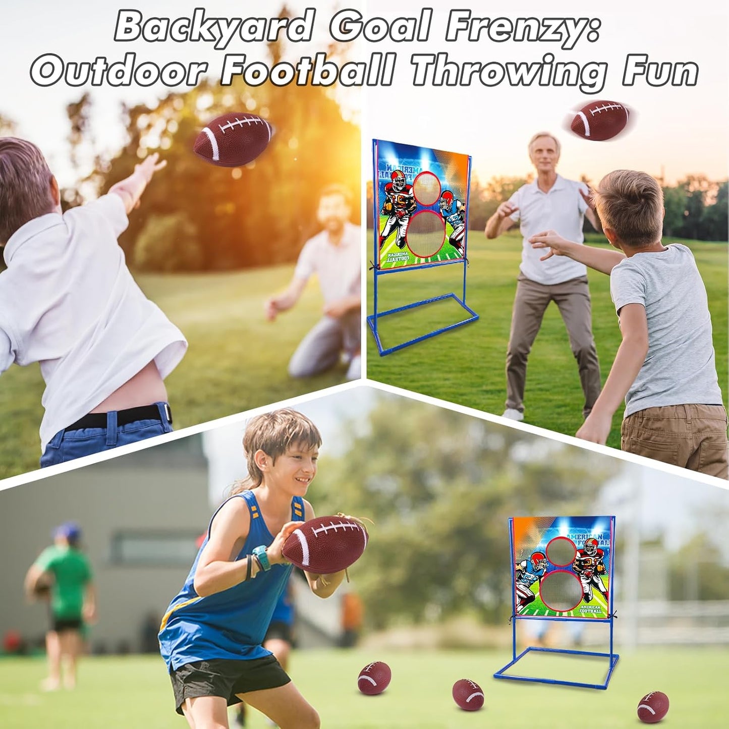Clemas American football throwing target game with children playing outdoors and enjoying football fun