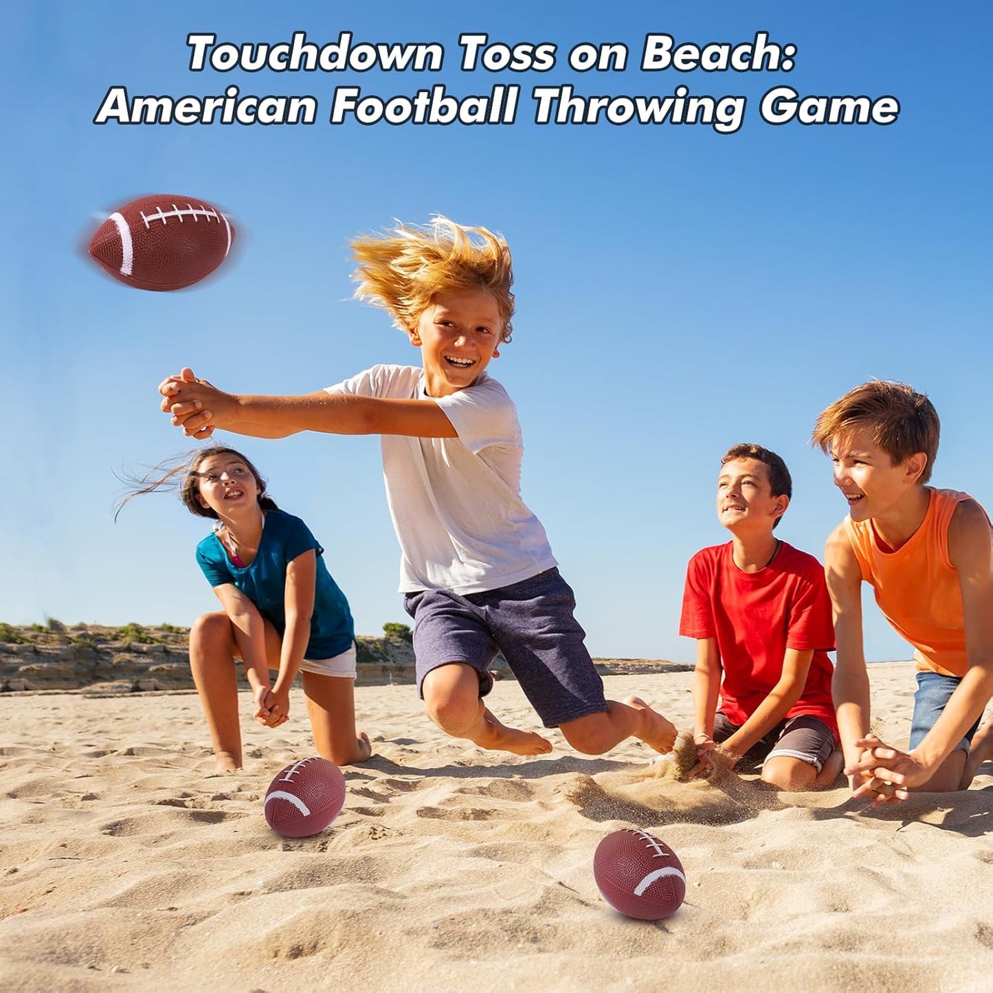 Children enjoying the American football throwing target game on the beach with playful enthusiasm