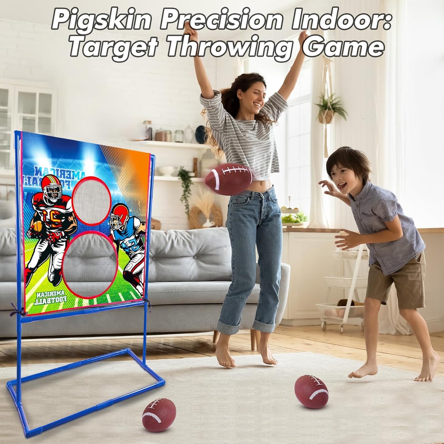 Clemas American football throwing target game for indoor fun with excited children and footballs