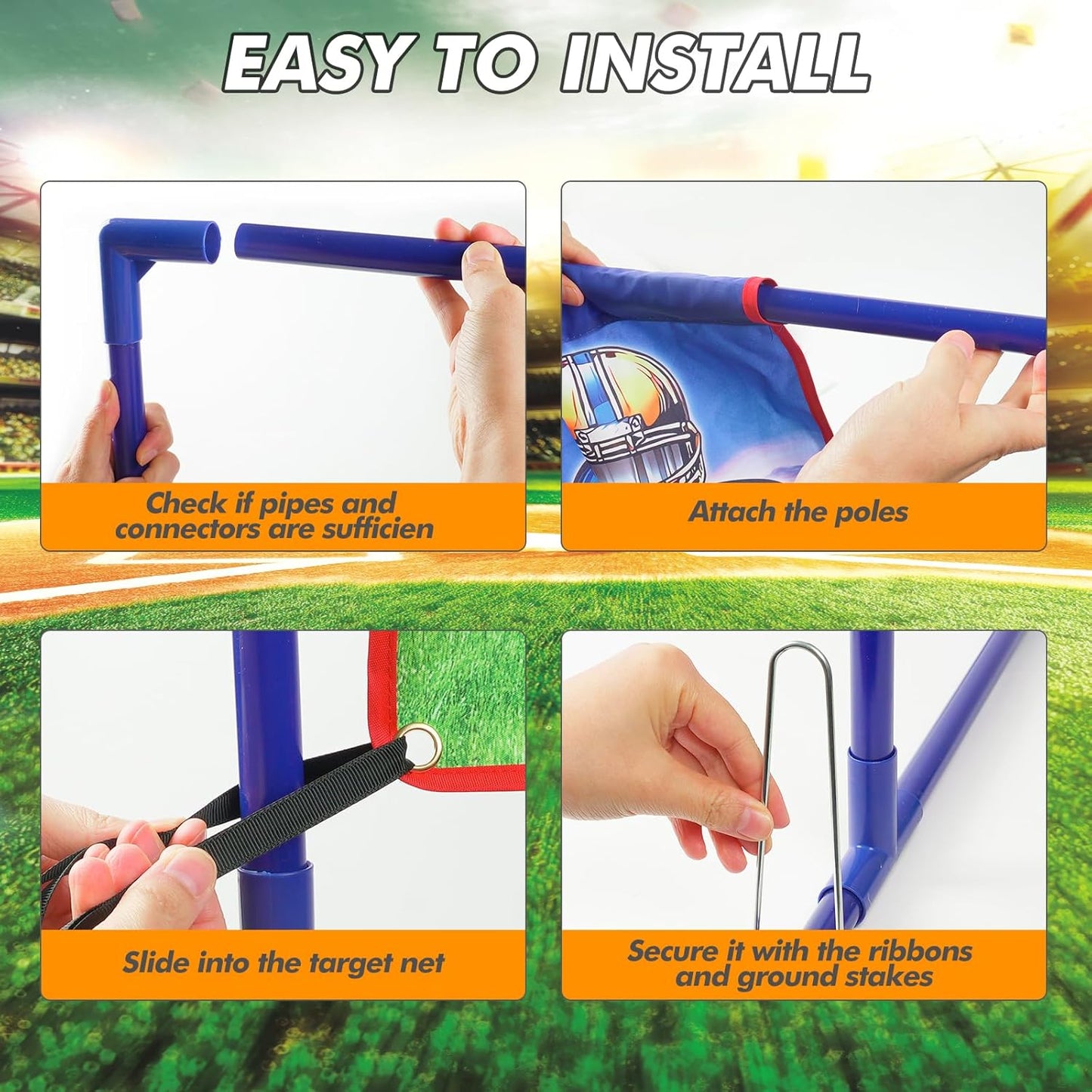 Instructions for the American football throwing target game featuring easy assembly steps with pipes and connectors