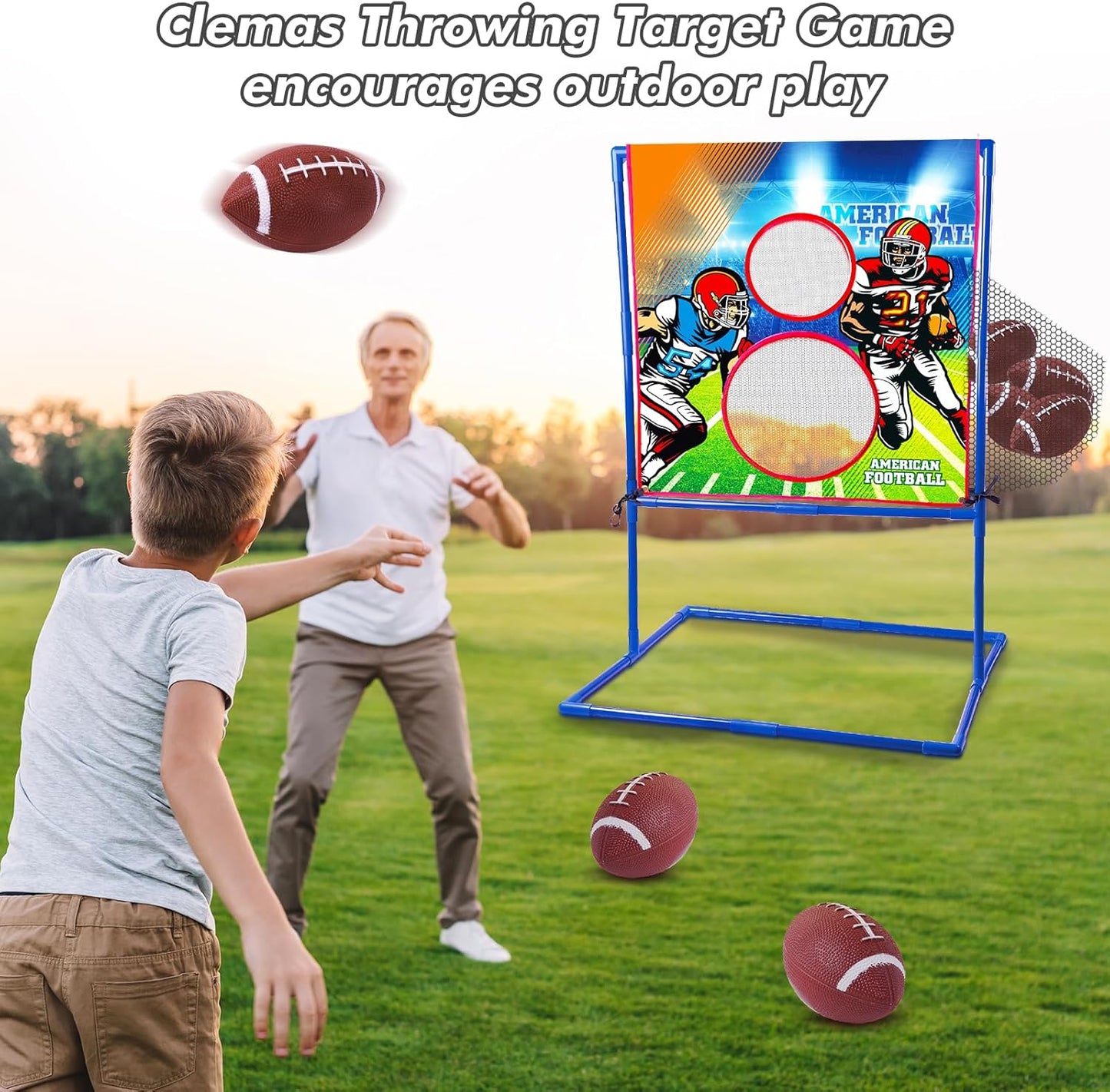 Clemas American Football Throwing Target Game for outdoor play with multiple throwing holes