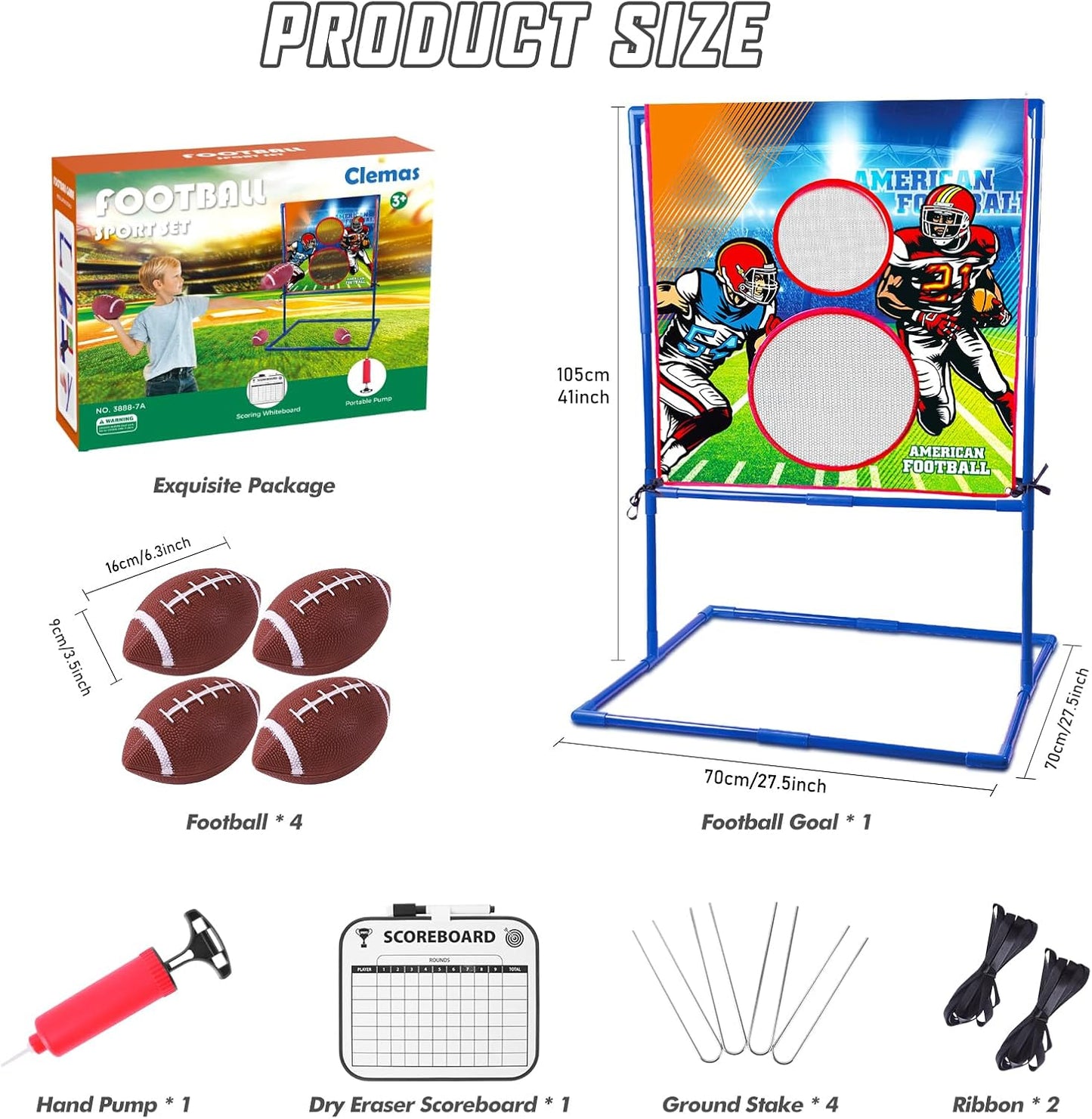 Clemas American football throwing target game with four footballs and dry erase scoreboard for outdoor fun