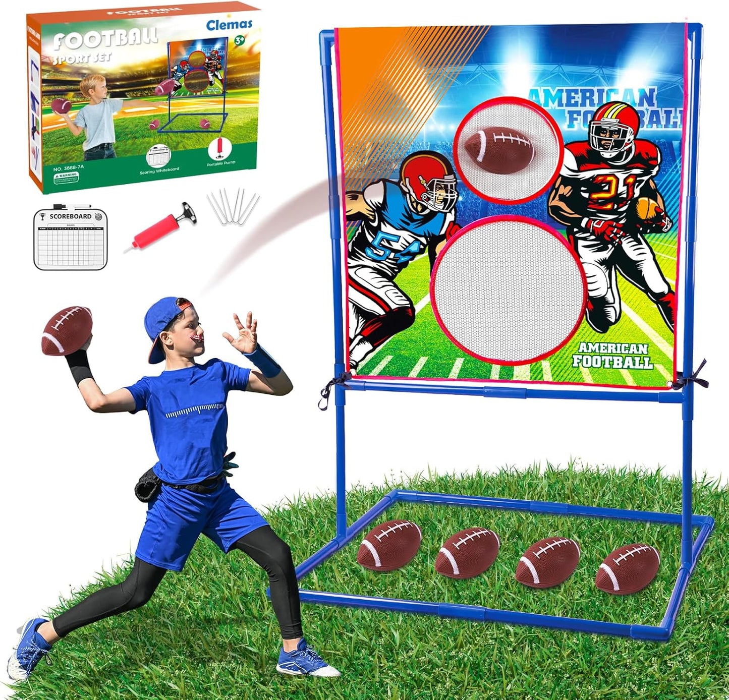Clemas American football throwing target game with vibrant graphics and adjustable scoreboard