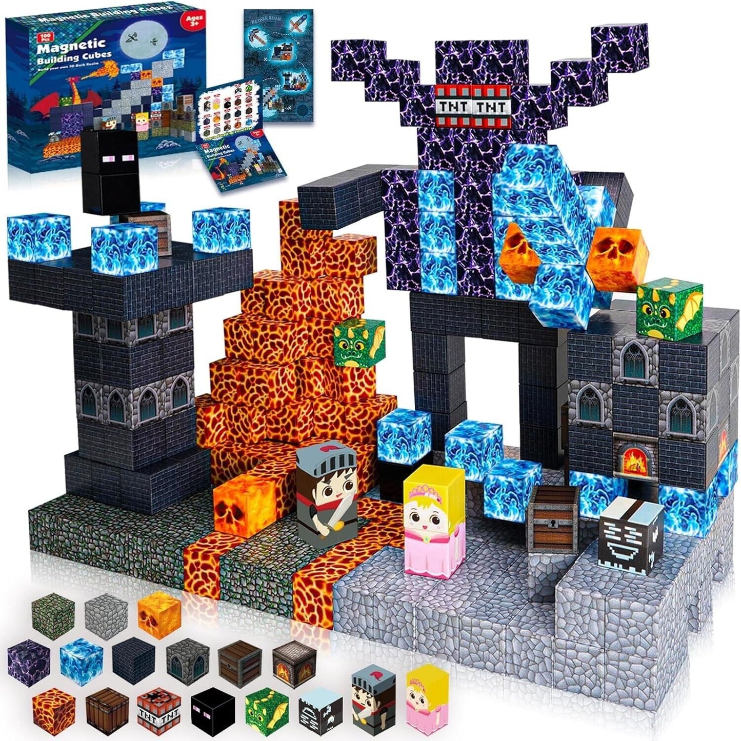 Magnetic Blocks magnetic building cubes set featuring pixelated lava, castle, and character blocks for creative play