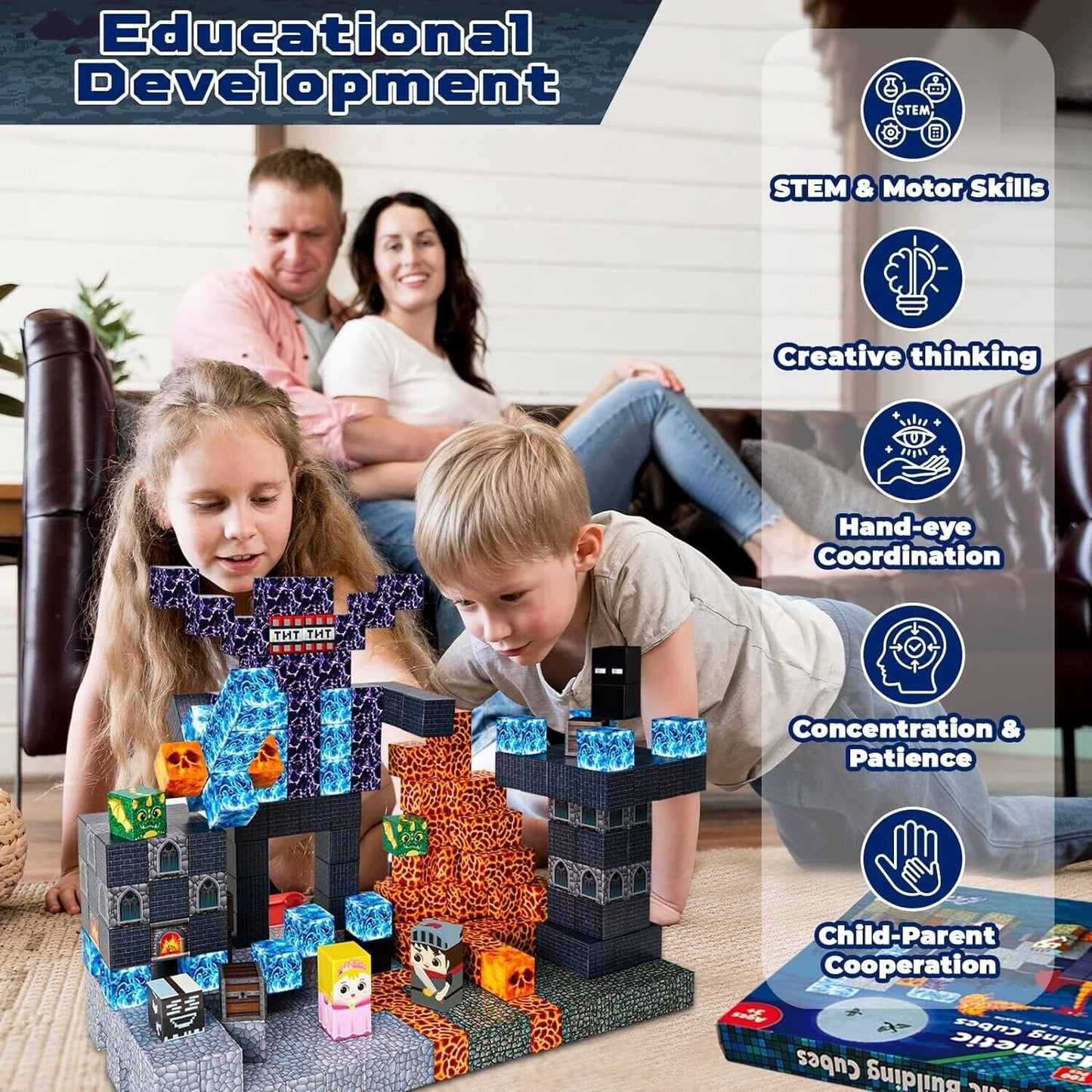 Children playing educational building blocks focused on developing STEM, motor skills, creativity, and coordination
