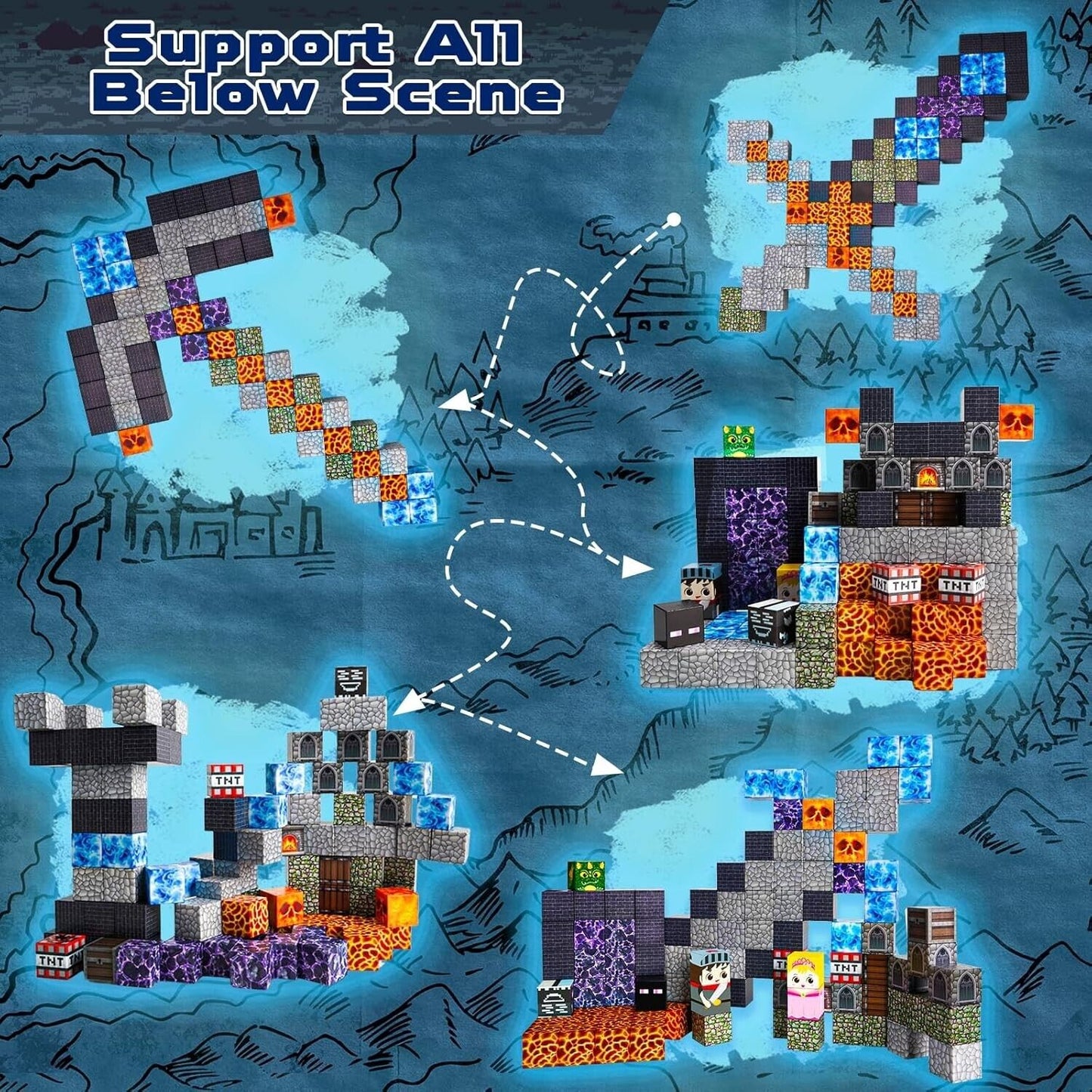 Pixelated Minecraft style sword pickaxe and various castle and portal structures from Magnetic Blocks