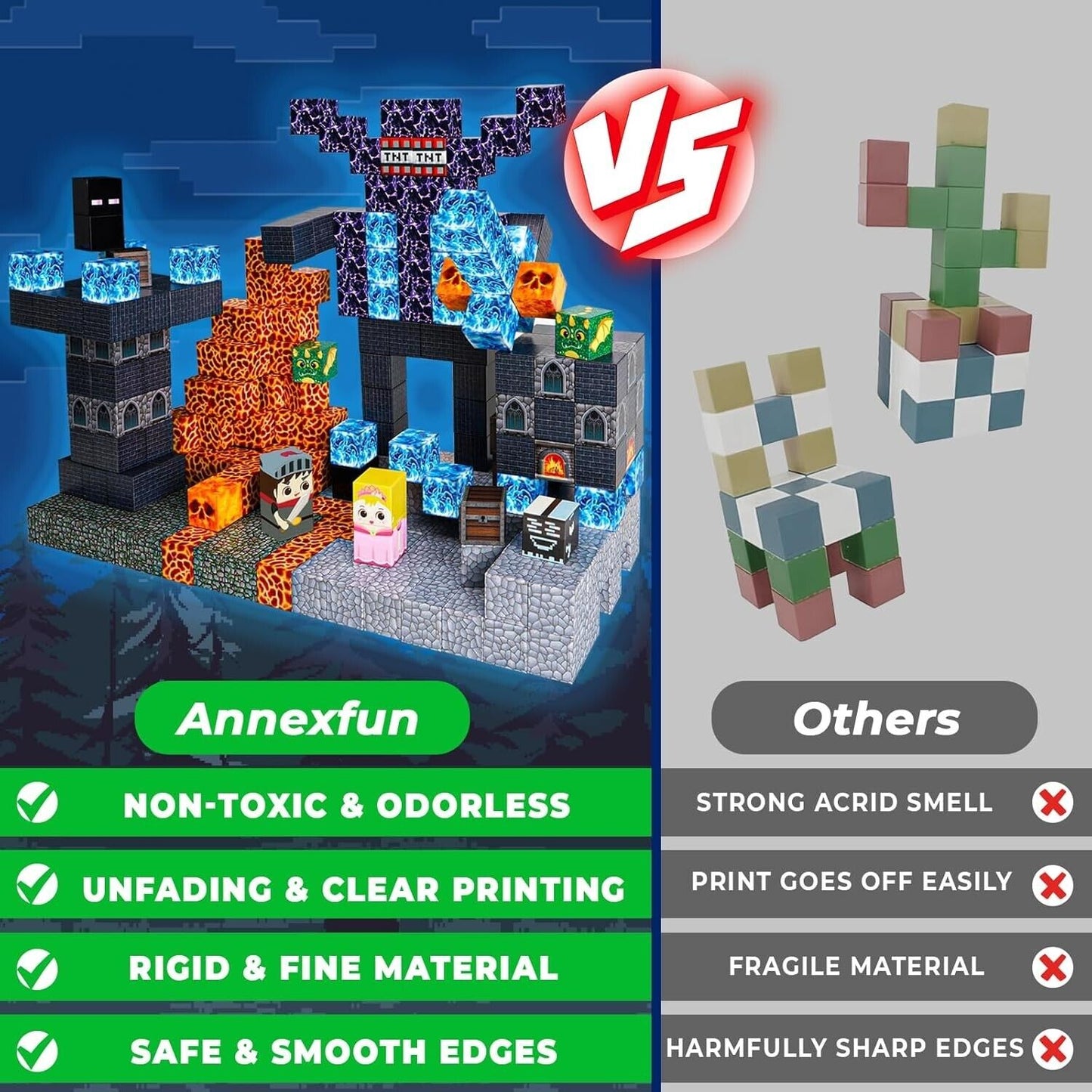 Comparison of Annexfun building blocks set with non-toxic, odorless, and durable materials versus others with strong smell and fragile parts