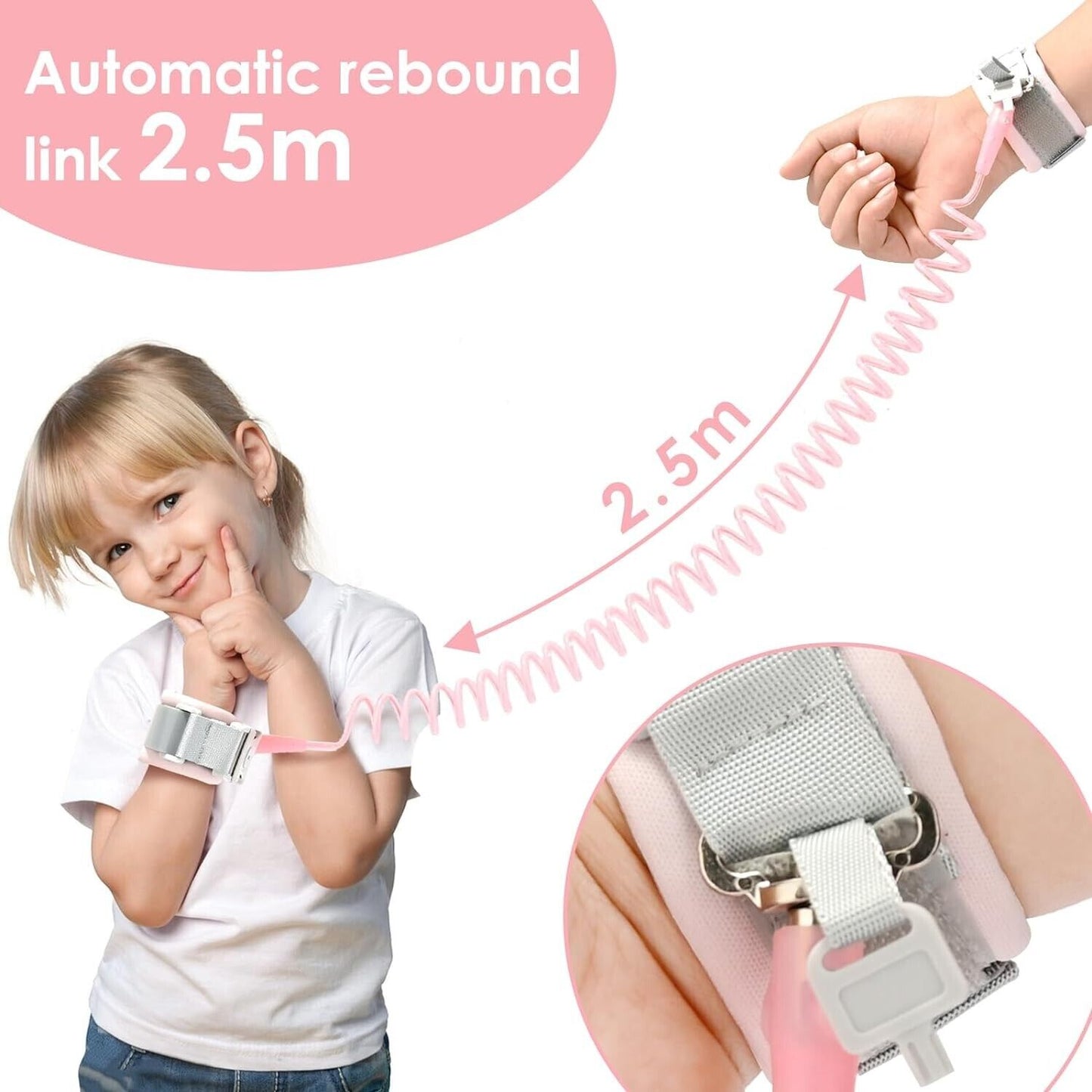 Anti lost toddler wrist strap with lock in pink, designed for child safety and freedom of movement