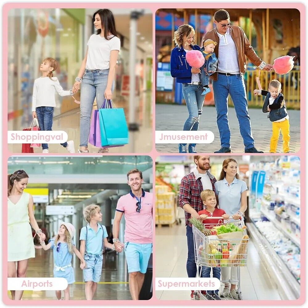 Various families using an anti lost toddler wrist strap with lock for safe outings in shops and parks