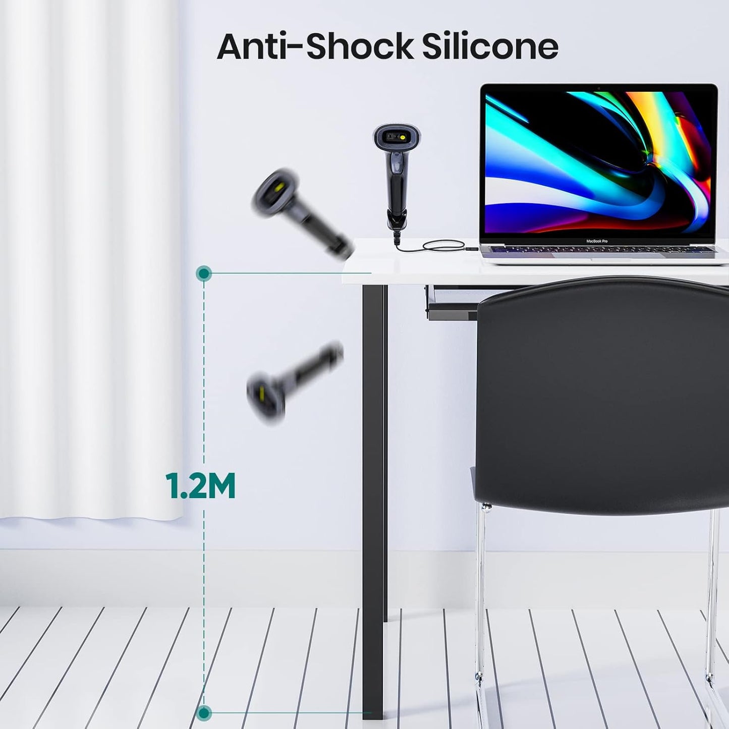 Anyeast USB barcode scanner with stand showing anti-shock silicone and 1.2 meter drop resistance on office desk