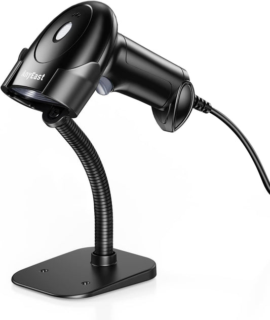Anyeast USB barcode scanner with stand in black for efficient product scanning and data entry
