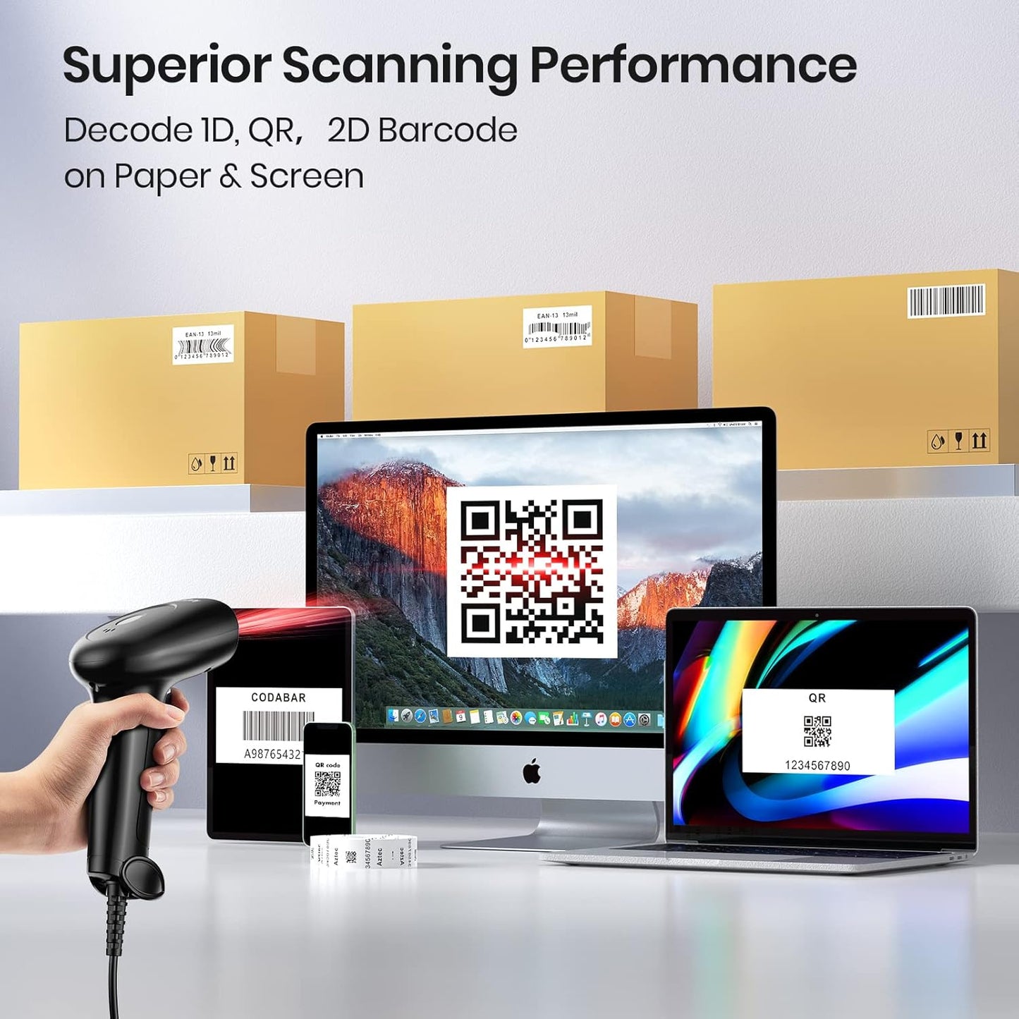 Anyeast USB barcode scanner with stand scanning QR codes on computer screens and packages