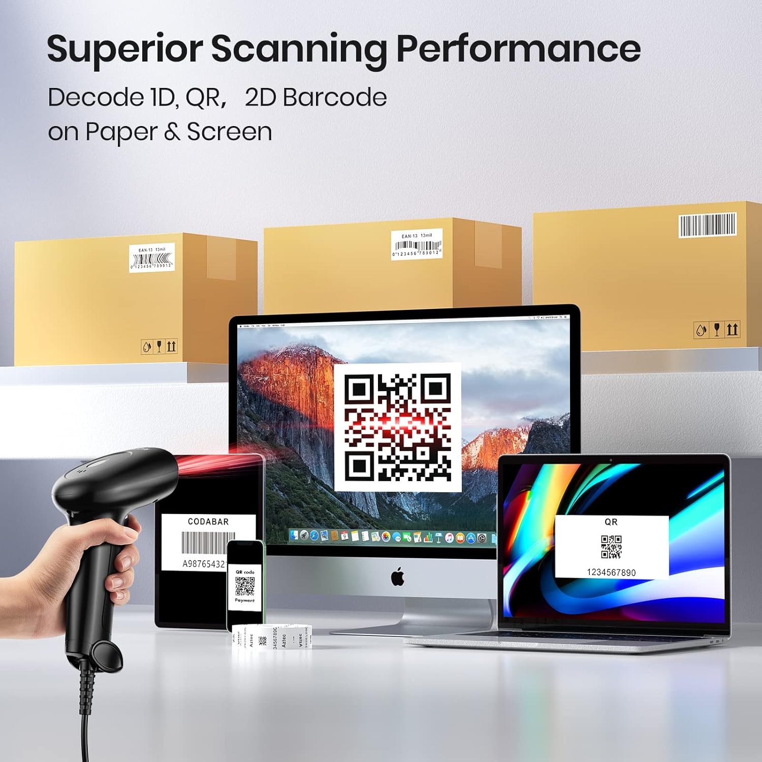 Anyeast USB barcode scanner with stand scanning QR codes on computer screens and packages