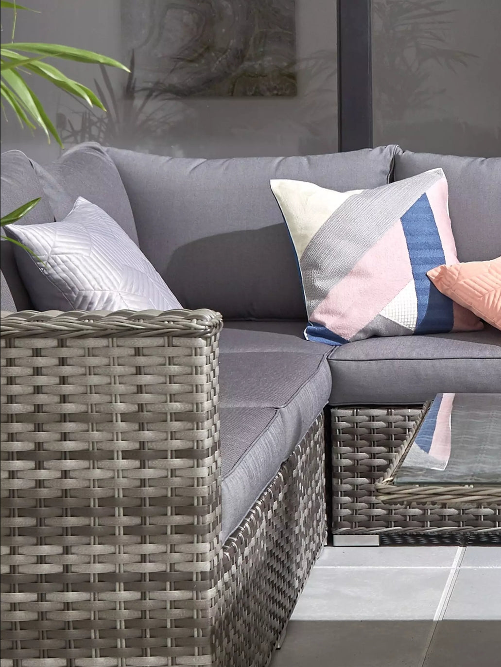 Aruba 6 seater corner cushion set with comfortable grey cushions and stylish patterned pillows