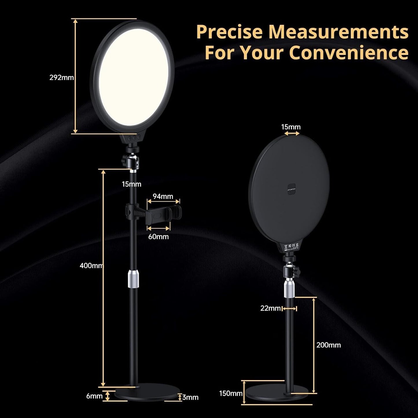 Atumtek 10 inch LED light with adjustable height and precise measurements for versatile lighting needs