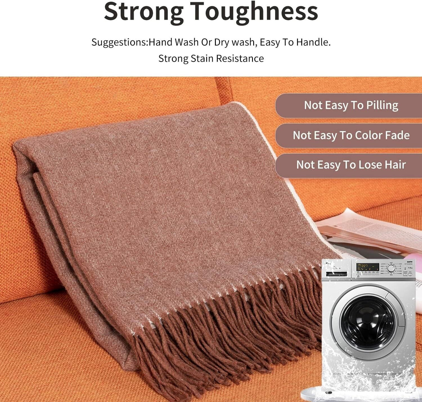 Soft Australian wool throw blanket in warm brown with stylish fringes for comfort and durability