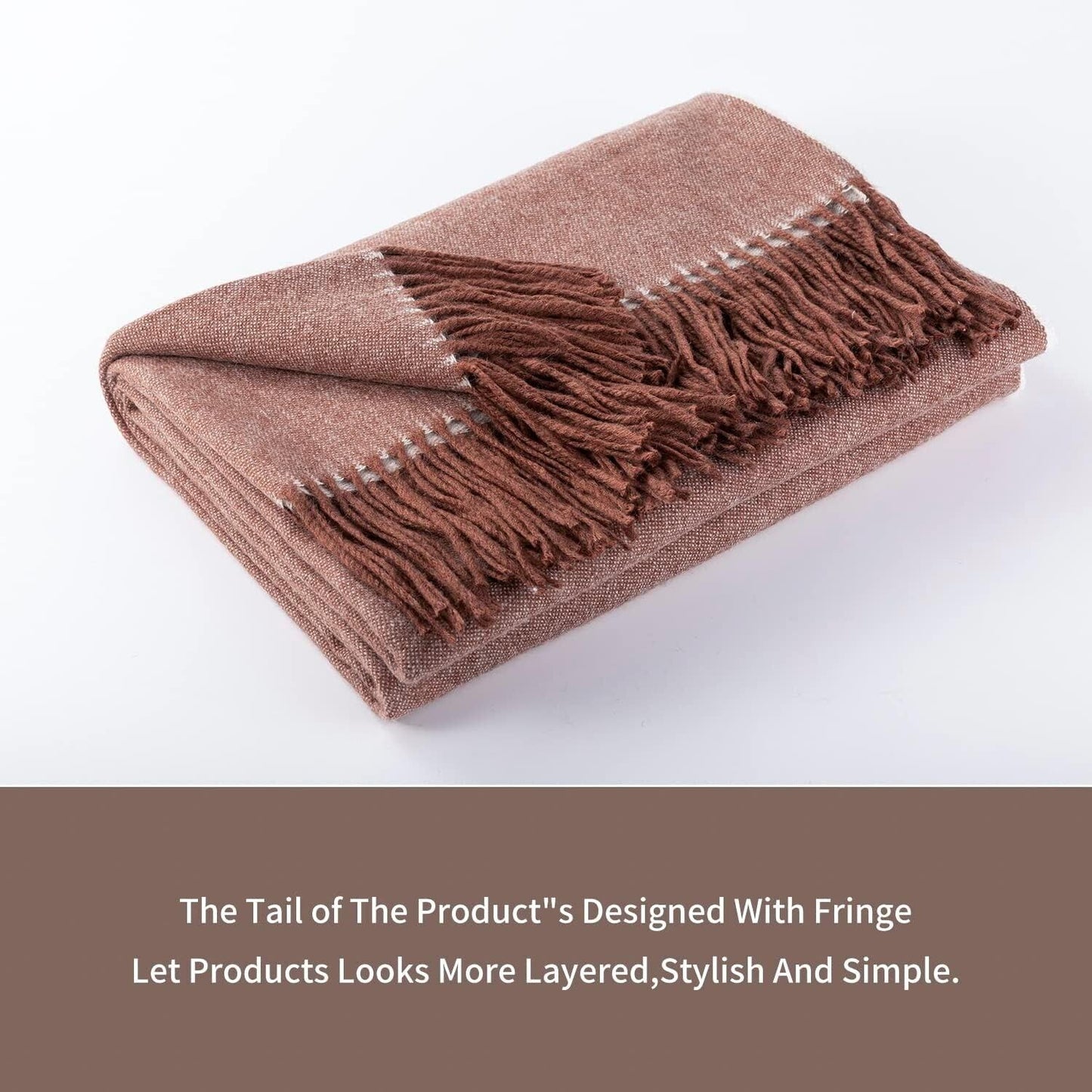 Brown Australian wool throw blanket with stylish fringe design for added texture