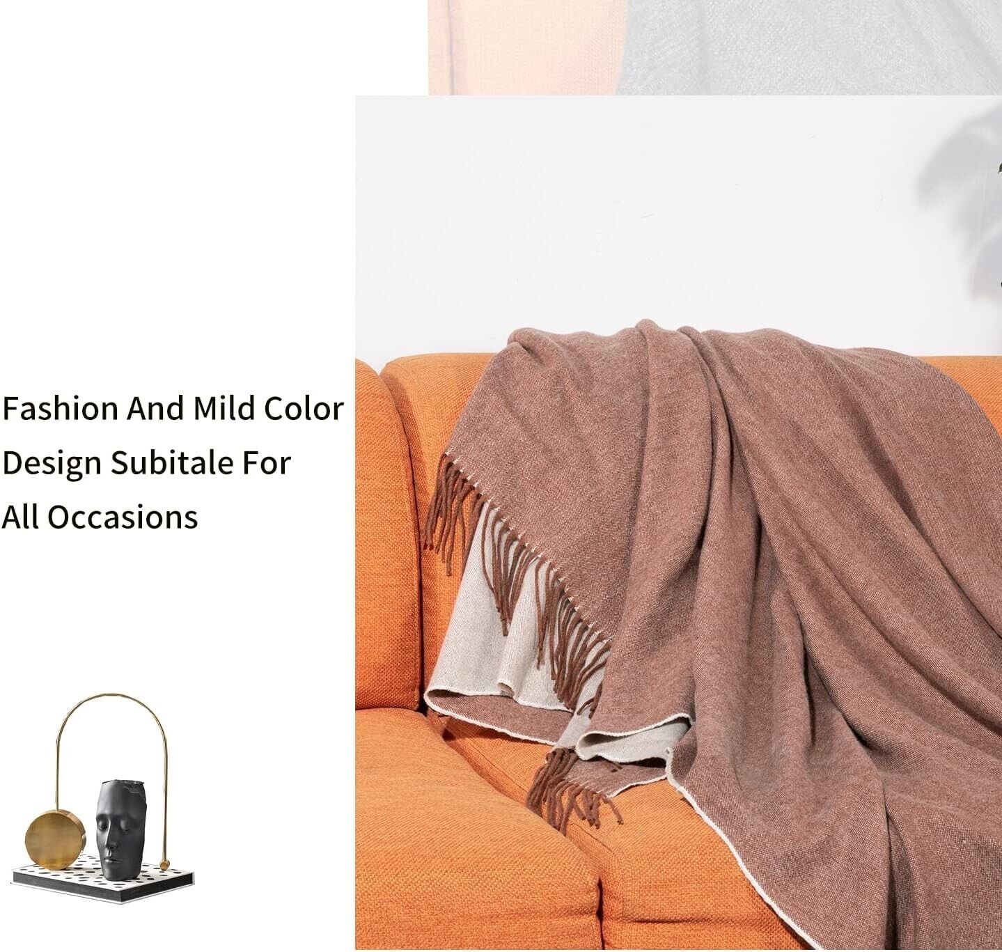 Australian wool throw blanket in soft brown with fringe, perfect for fashion and all occasions