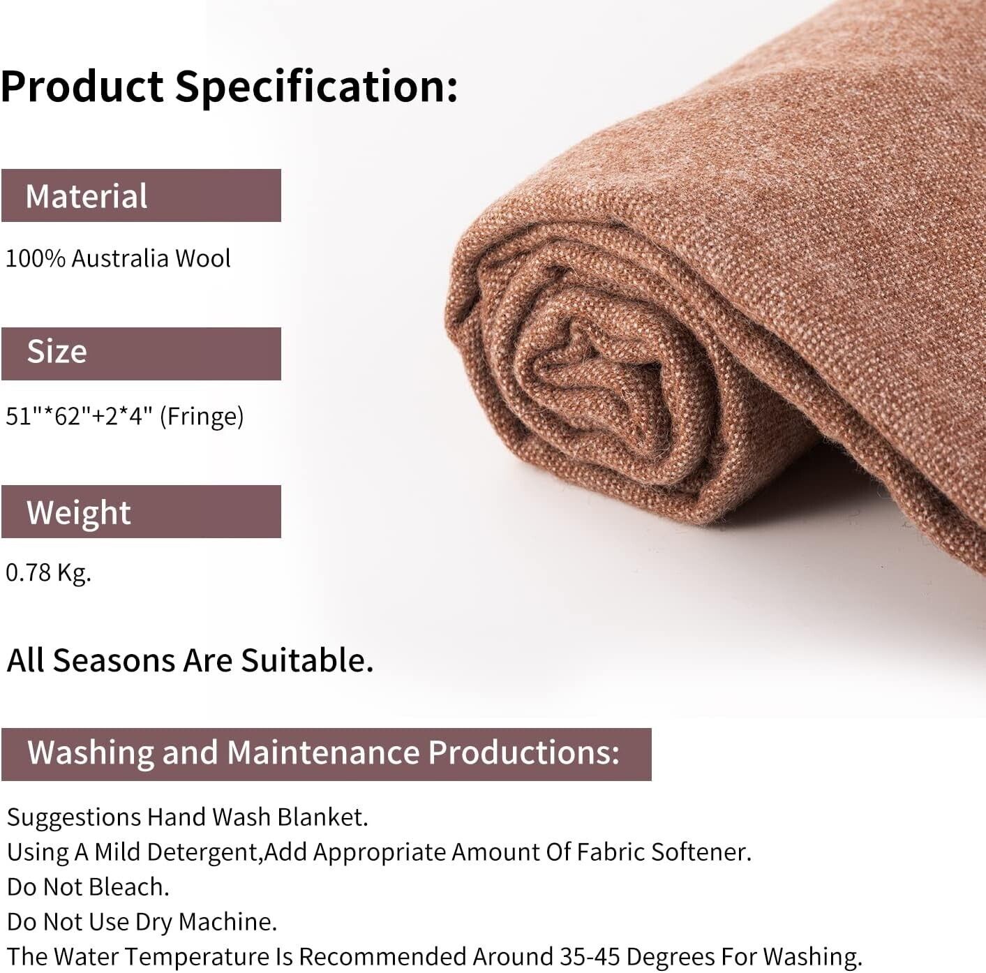 Australian wool throw blanket in brown, soft and versatile for all seasons, perfect for cozy evenings