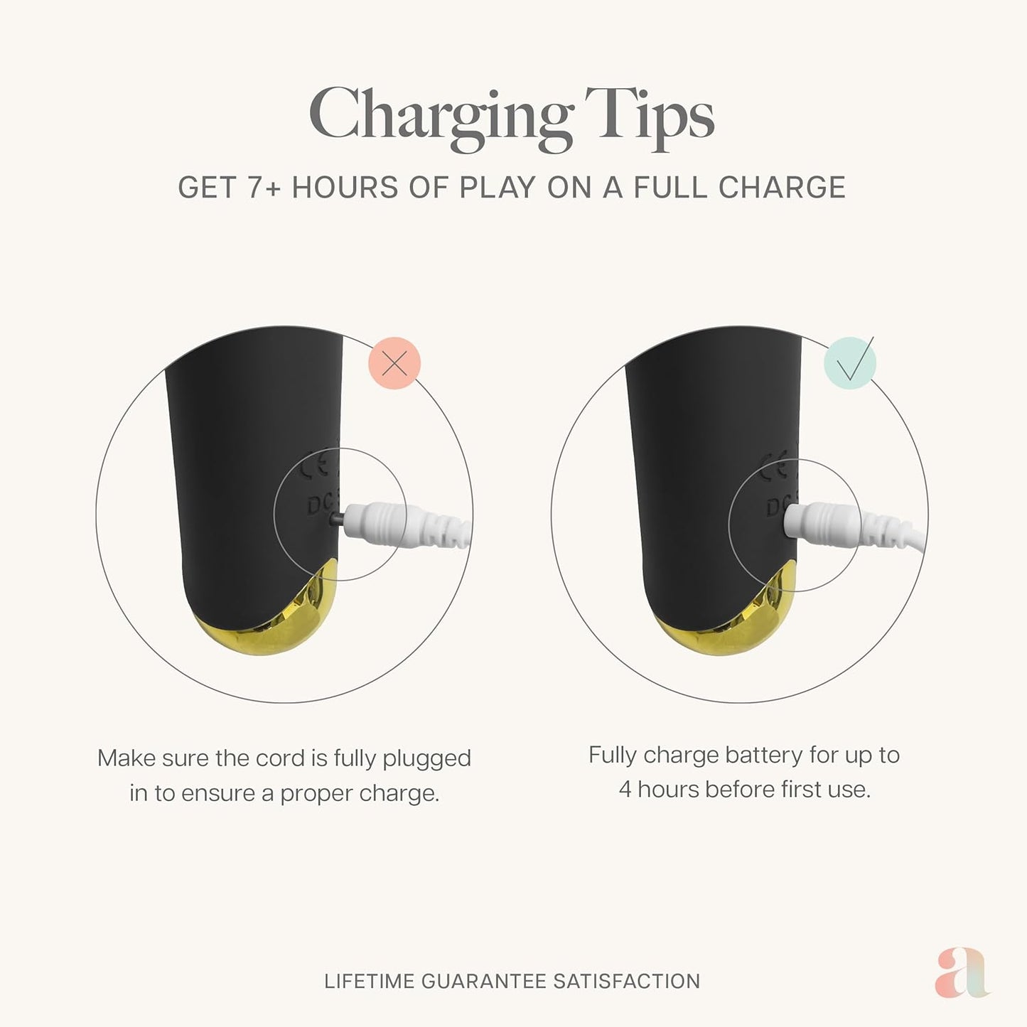 Charging tips for Ava vibrator wand for women showing charging cable connection and battery care instructions