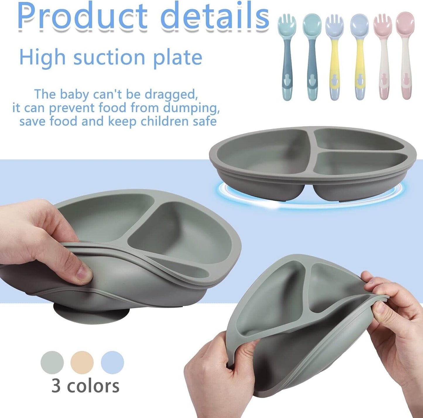Suction plate in three colors for babies with two compartments to prevent food spills