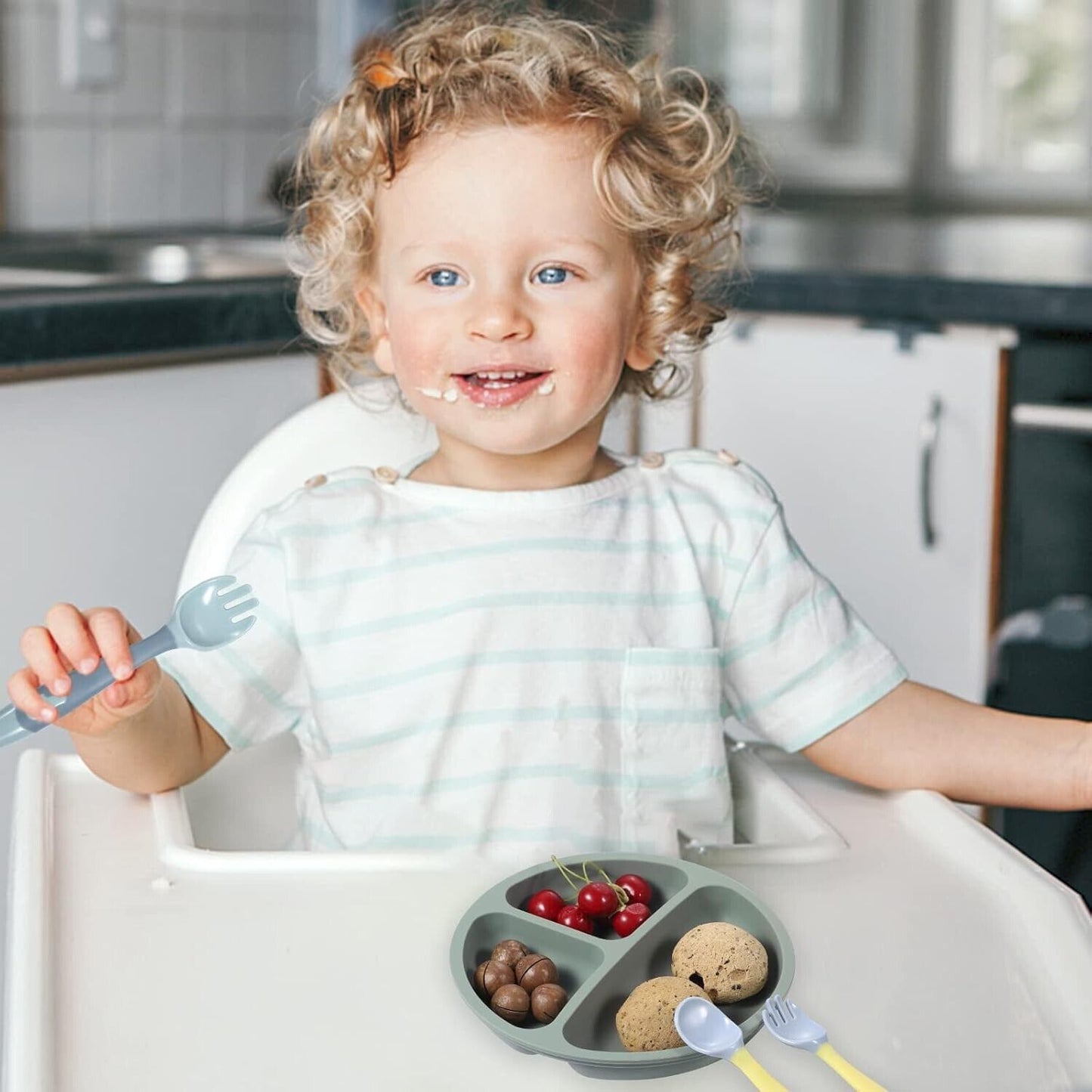 The Trading Warehouse divided toddler plate in grey with child-friendly utensils for easy meal time