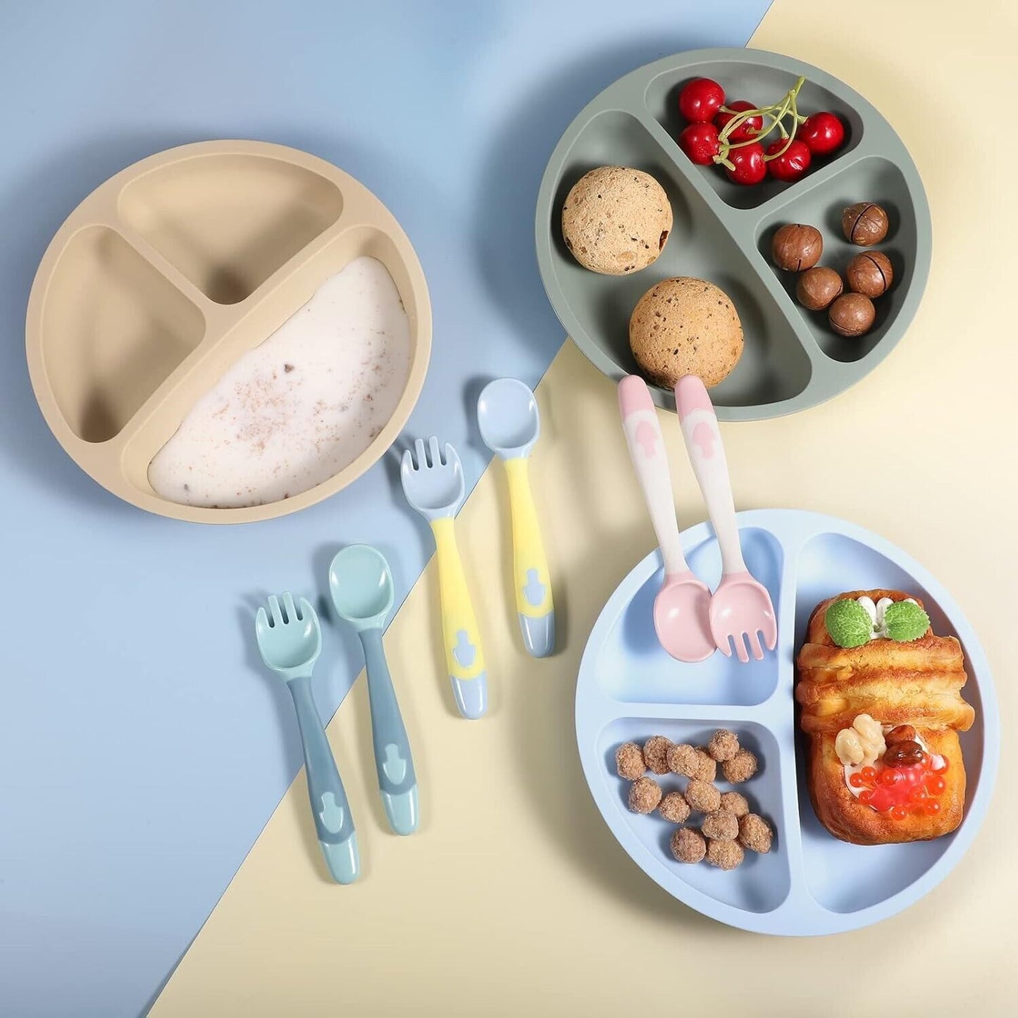 Kids silicone divided plates in pastel colors with matching utensils for mealtime fun