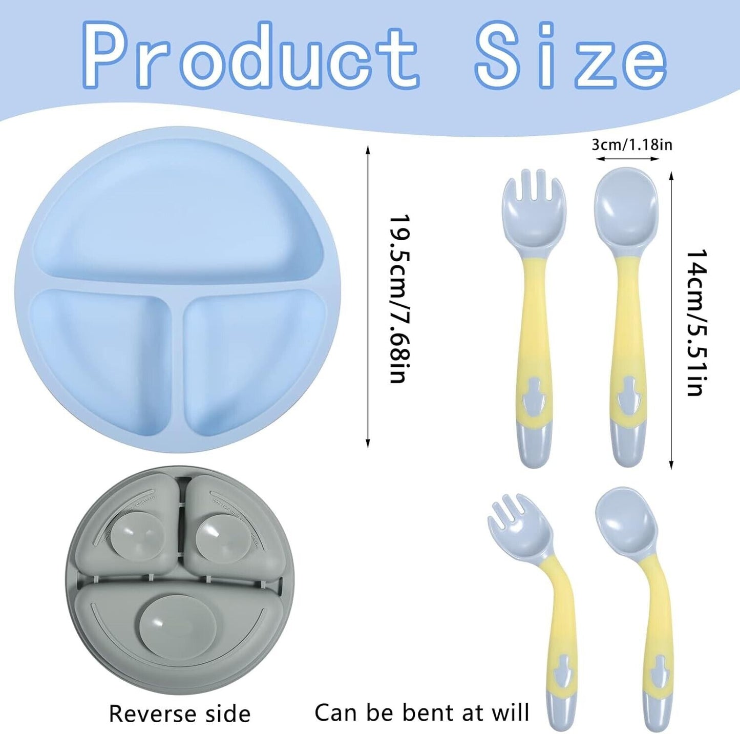 Blue Silicone Divided Plate with Yellow Fork and Spoon Set, Ideal for Toddlers and Kids