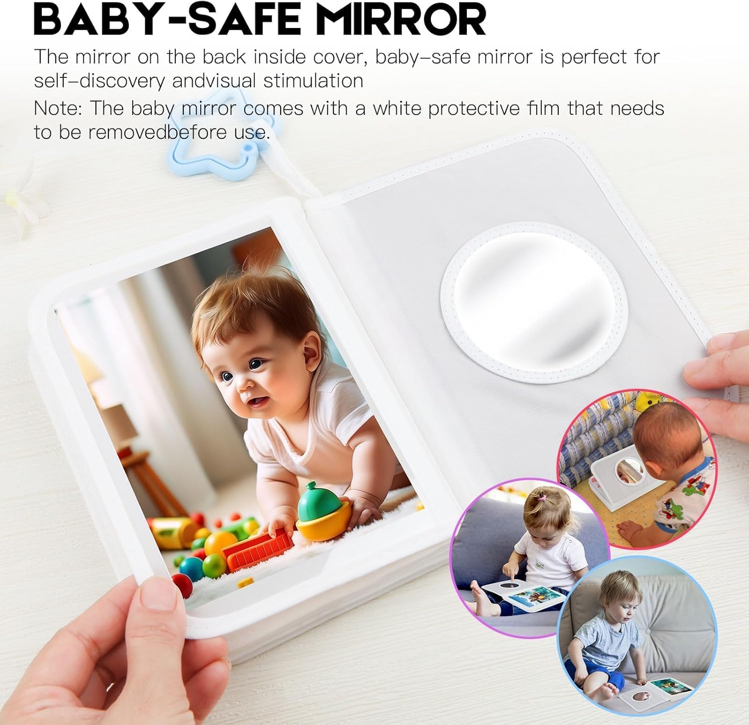 Niselity baby first photo album with a baby-safe mirror for self-discovery and visual stimulation