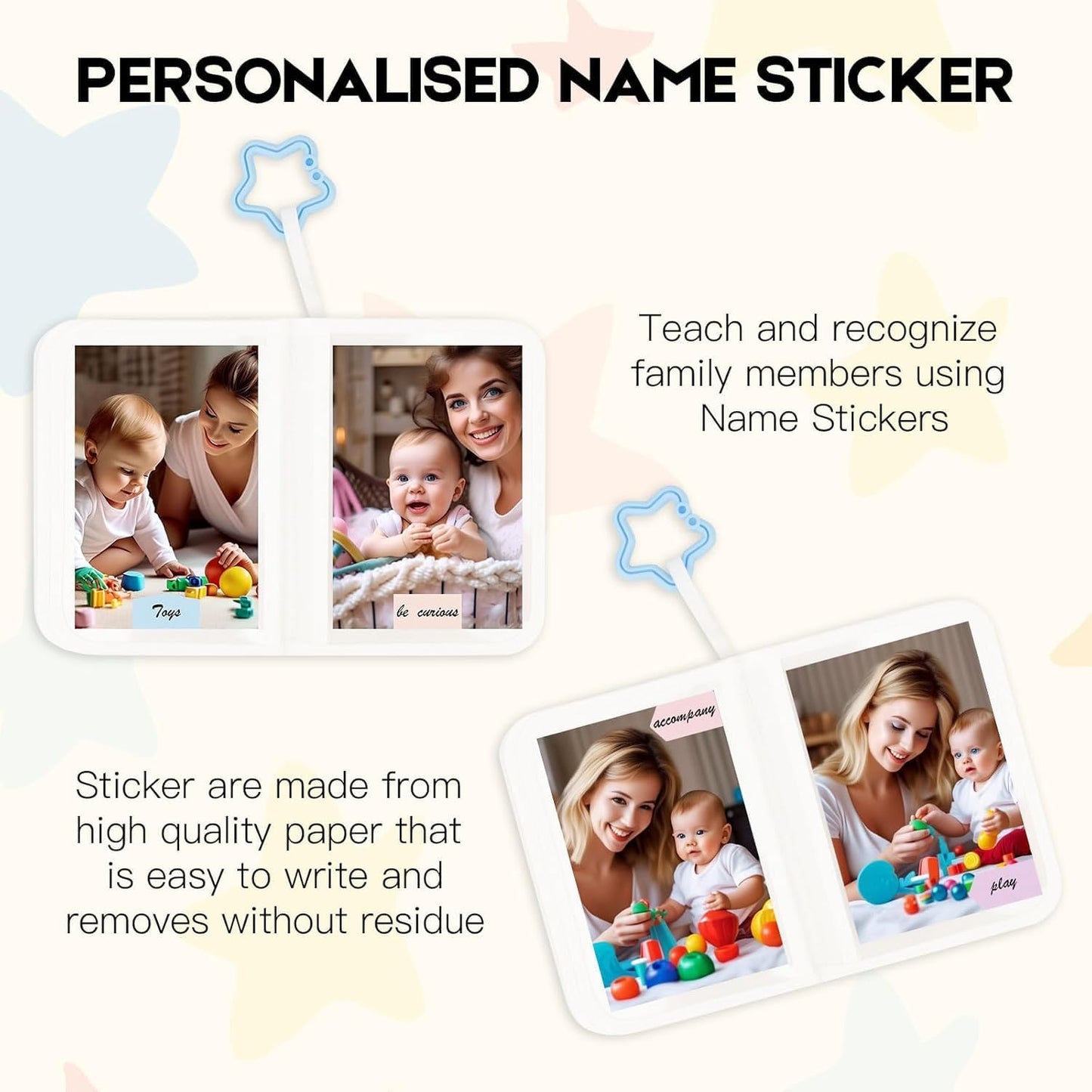 Niselity personalised baby first photo album featuring name stickers for learning and family recognition