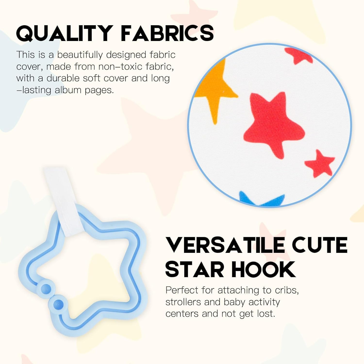 Niselity baby first photo album with soft fabric cover and durable pages featuring colourful star design