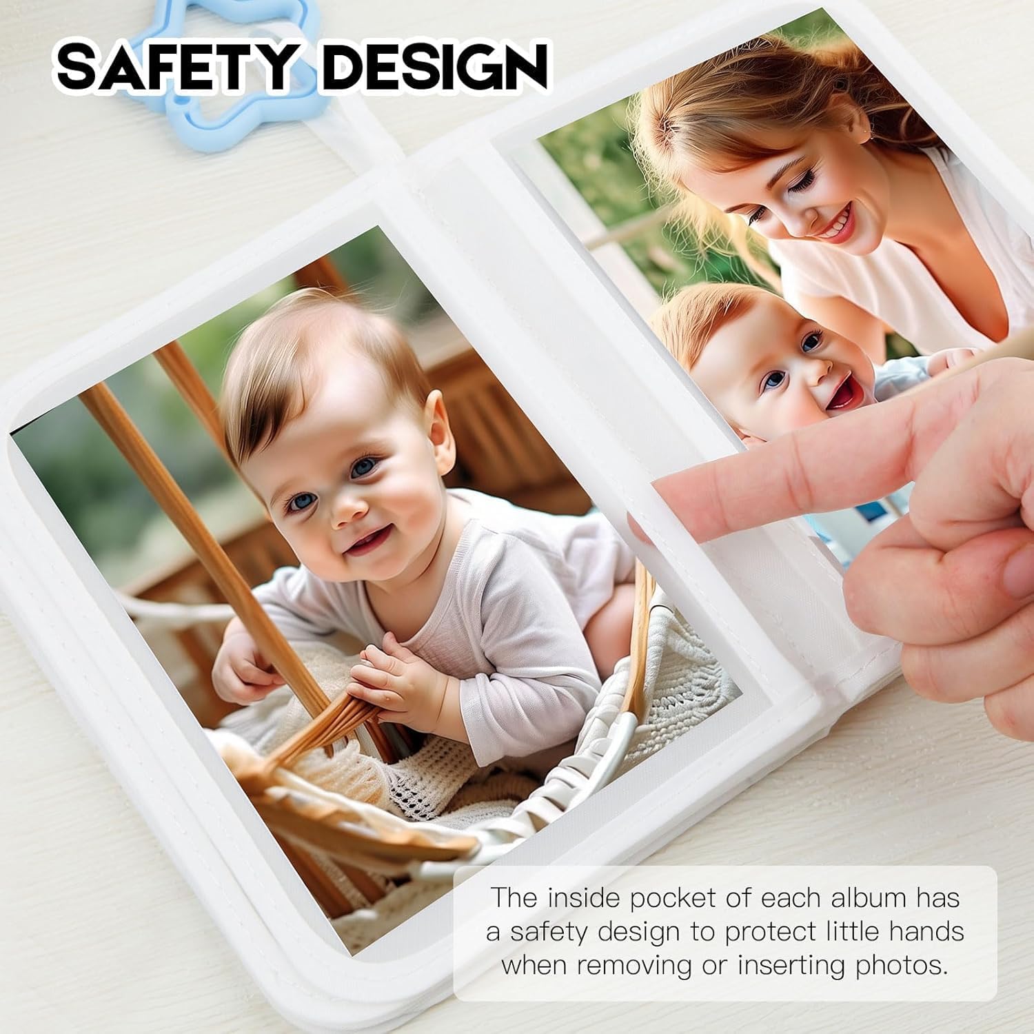 Niselity baby first photo album featuring safety design for protecting photos while inserting
