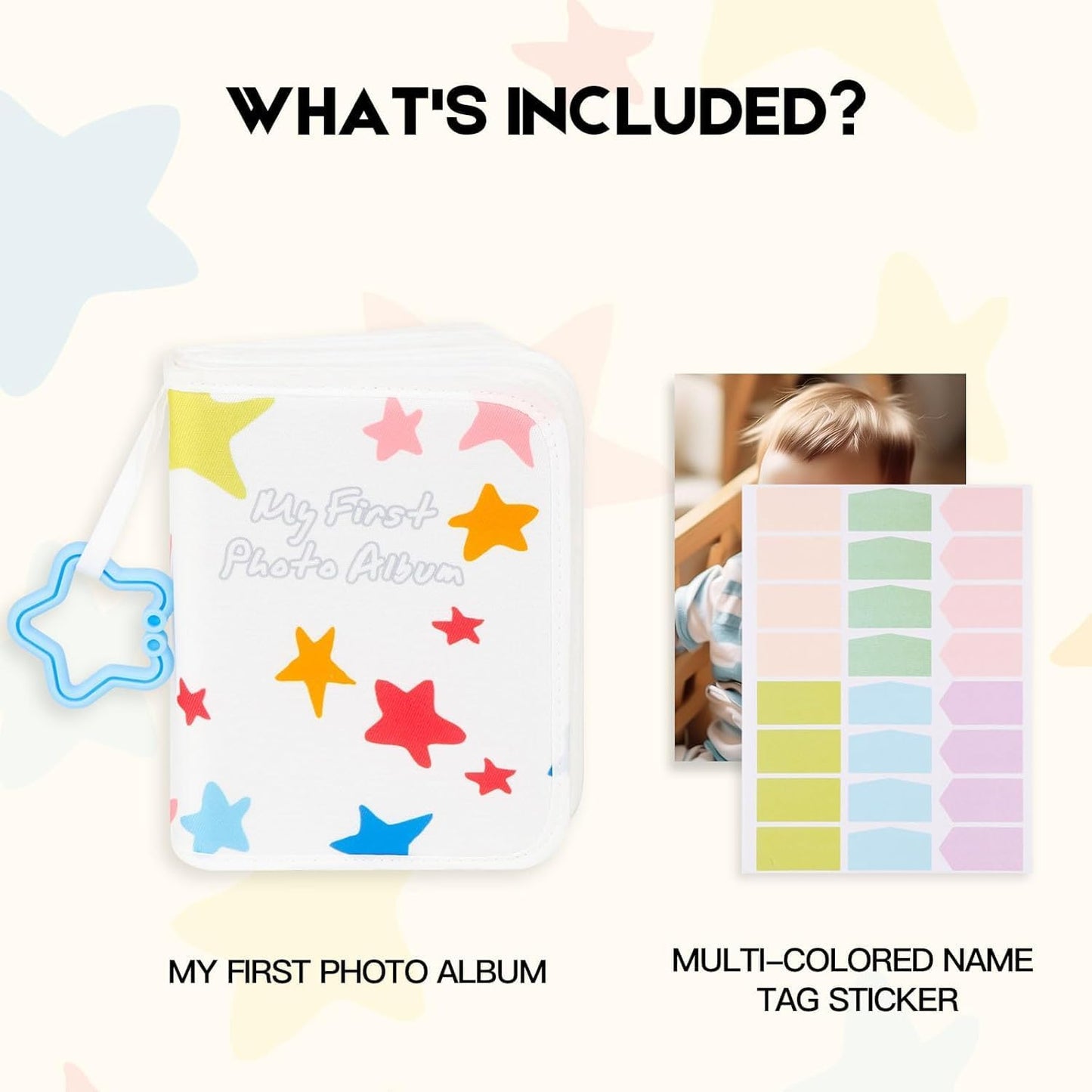 Niselity baby first photo album with colourful star design and multi-coloured name tag stickers