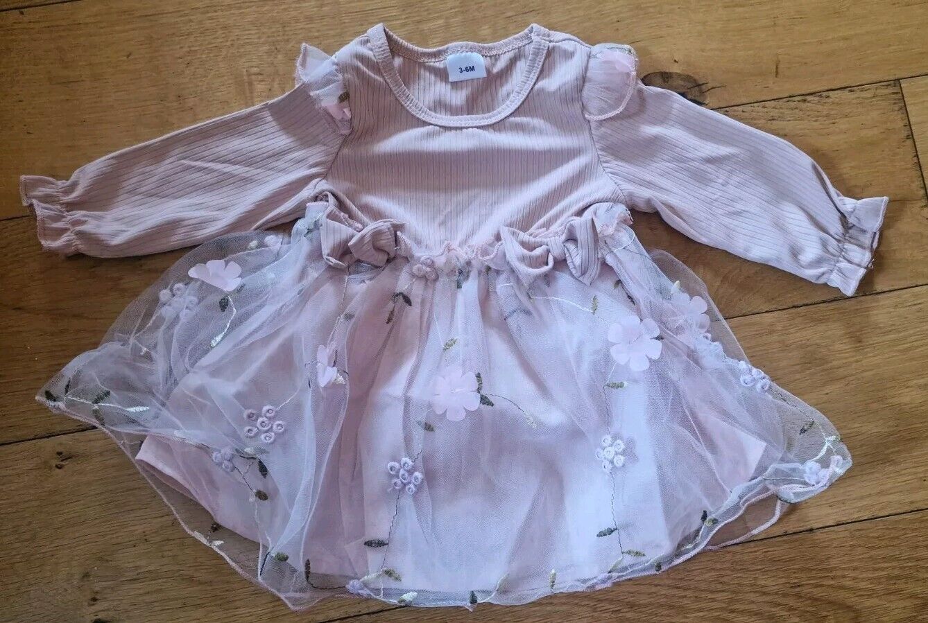 Baby girl dress 3-6 months with long sleeves and floral tulle skirt in light pink