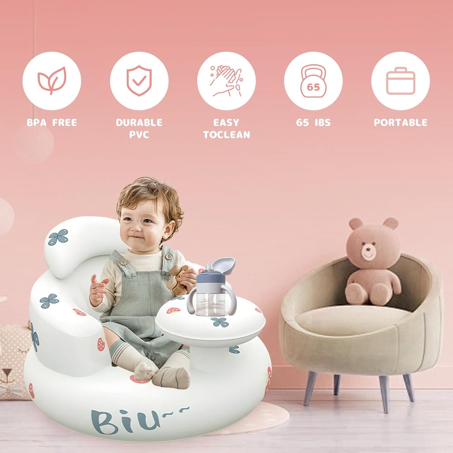 Ann Bully baby inflatable seat with a convenient tray and a BPA-free design for safe seating