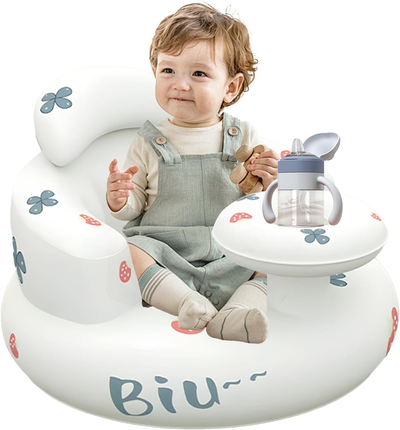 Ann Bully Baby Inflatable Seat in White with Floral Design and Detachable Tray for Infants