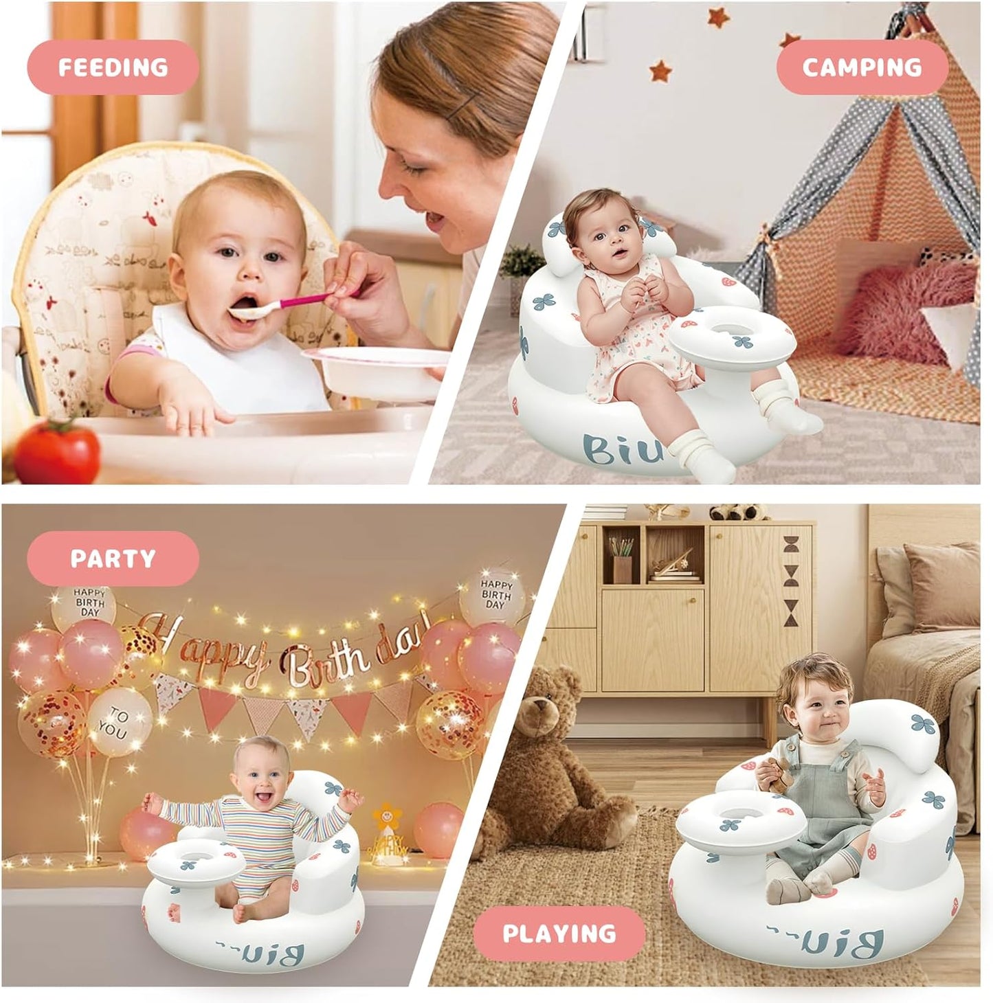 Ann Bully baby inflatable seat for feeding, playing, camping, and parties with fun designs