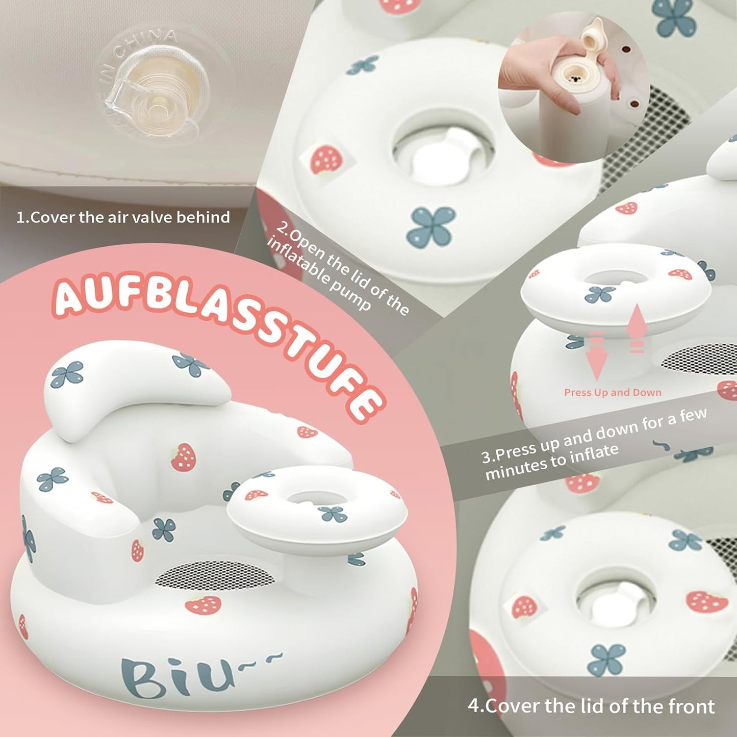 Ann Bully baby inflatable seat with easy inflation process and cute strawberry design for comfortable sitting