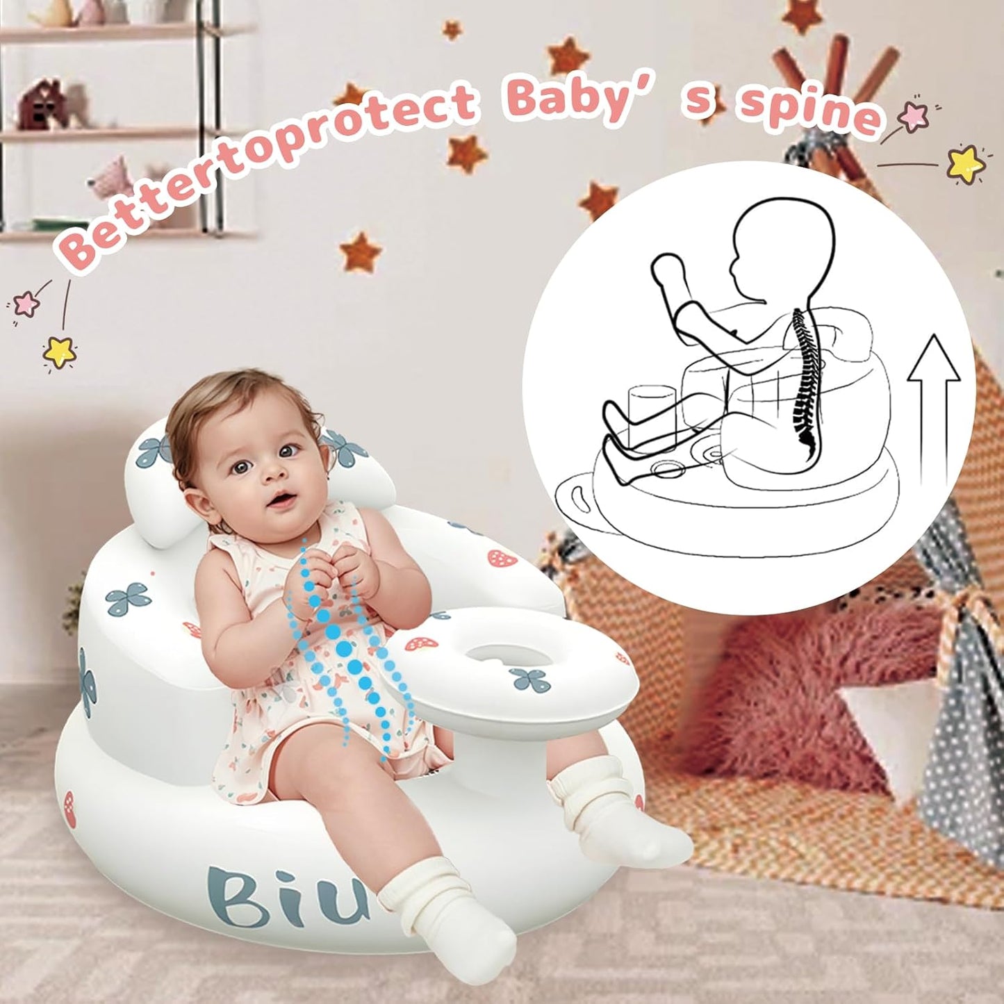 Ann Bully baby inflatable seat designed for comfort and spine support for infants