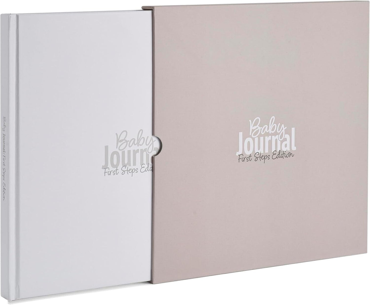 Gateway22 baby journal first steps edition book with protective slipcase in white and beige