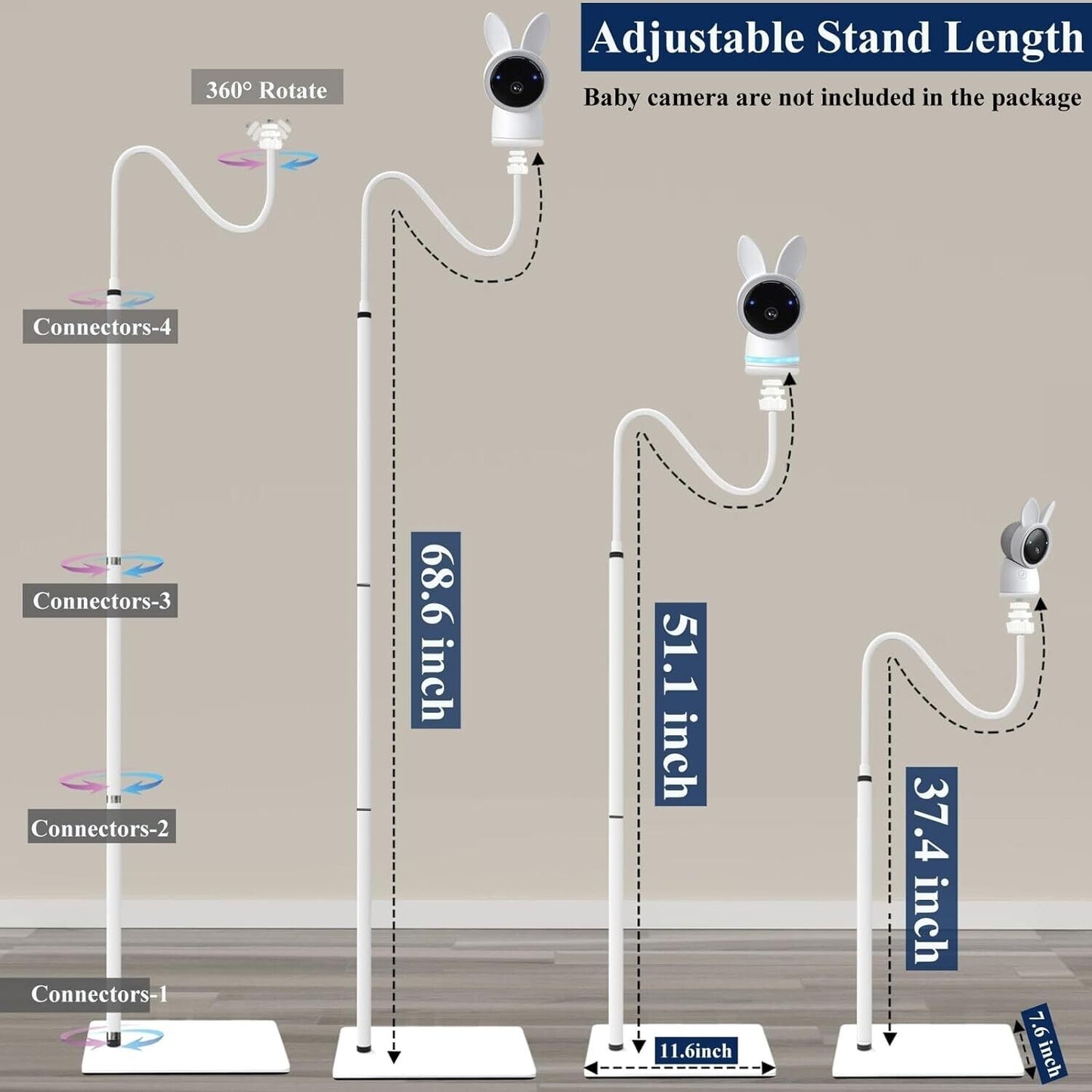 Adjustable baby monitor floor stand showcasing height options and 360-degree rotation for optimal baby monitoring